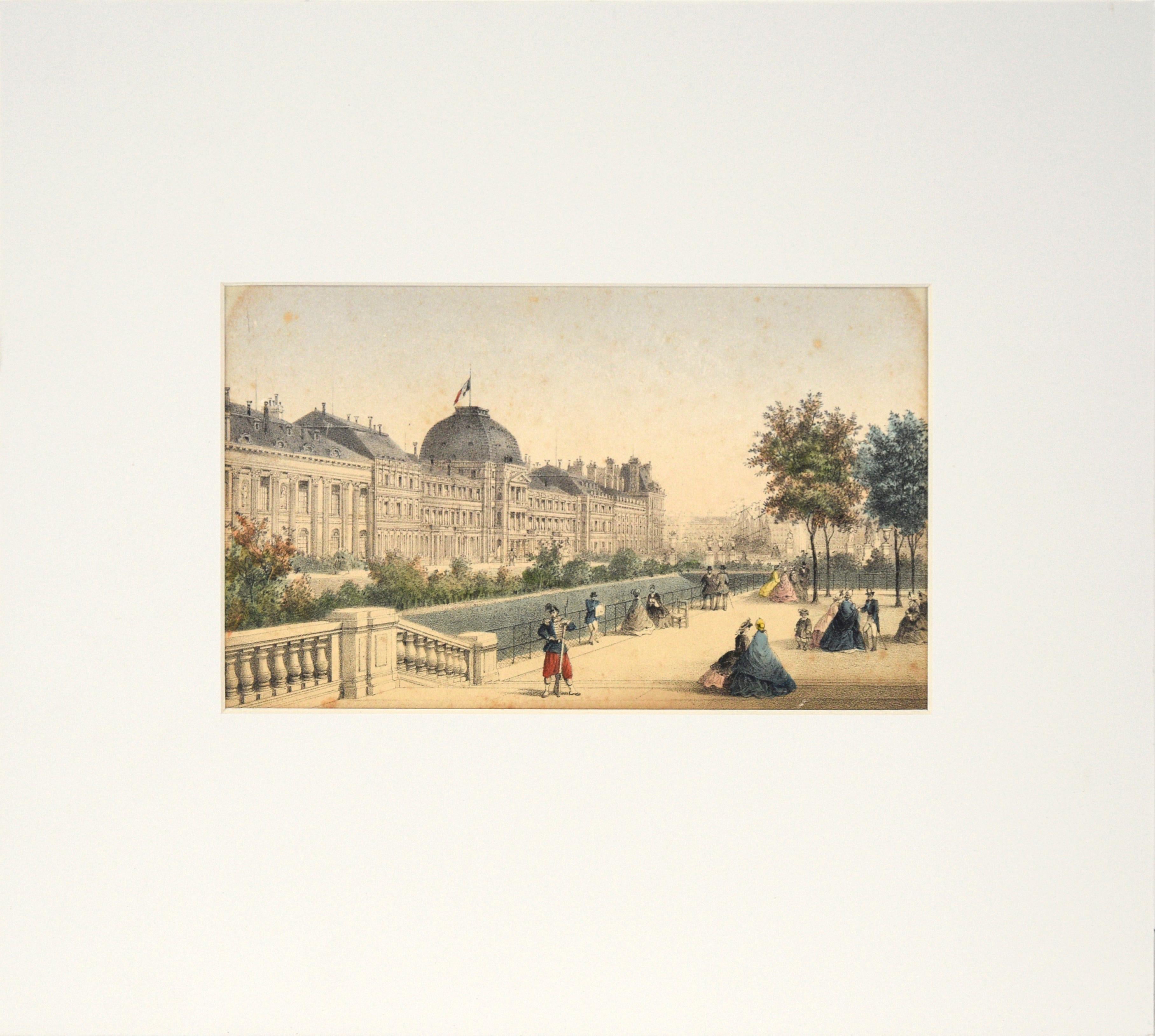 Rose-Joseph Lemercier  Landscape Print - Les Tuileries, Paris - Hand Colored Lithograph 1845-1860