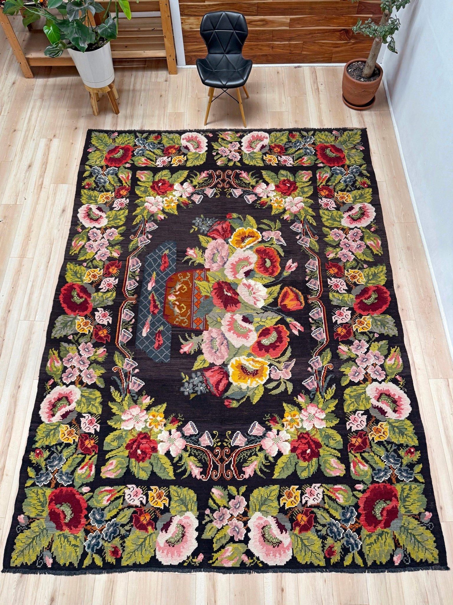 Kilim rosa - Alfombra de lana plana europea vintage - 8′5″×11′3″ - Década de 1940 Moldavia Romántico en venta