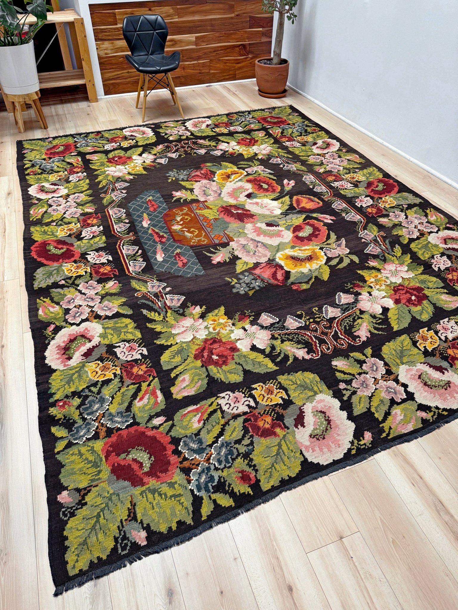 Kilim rosa - Alfombra de lana plana europea vintage - 8′5″×11′3″ - Década de 1940 Moldavia Moldavo en venta