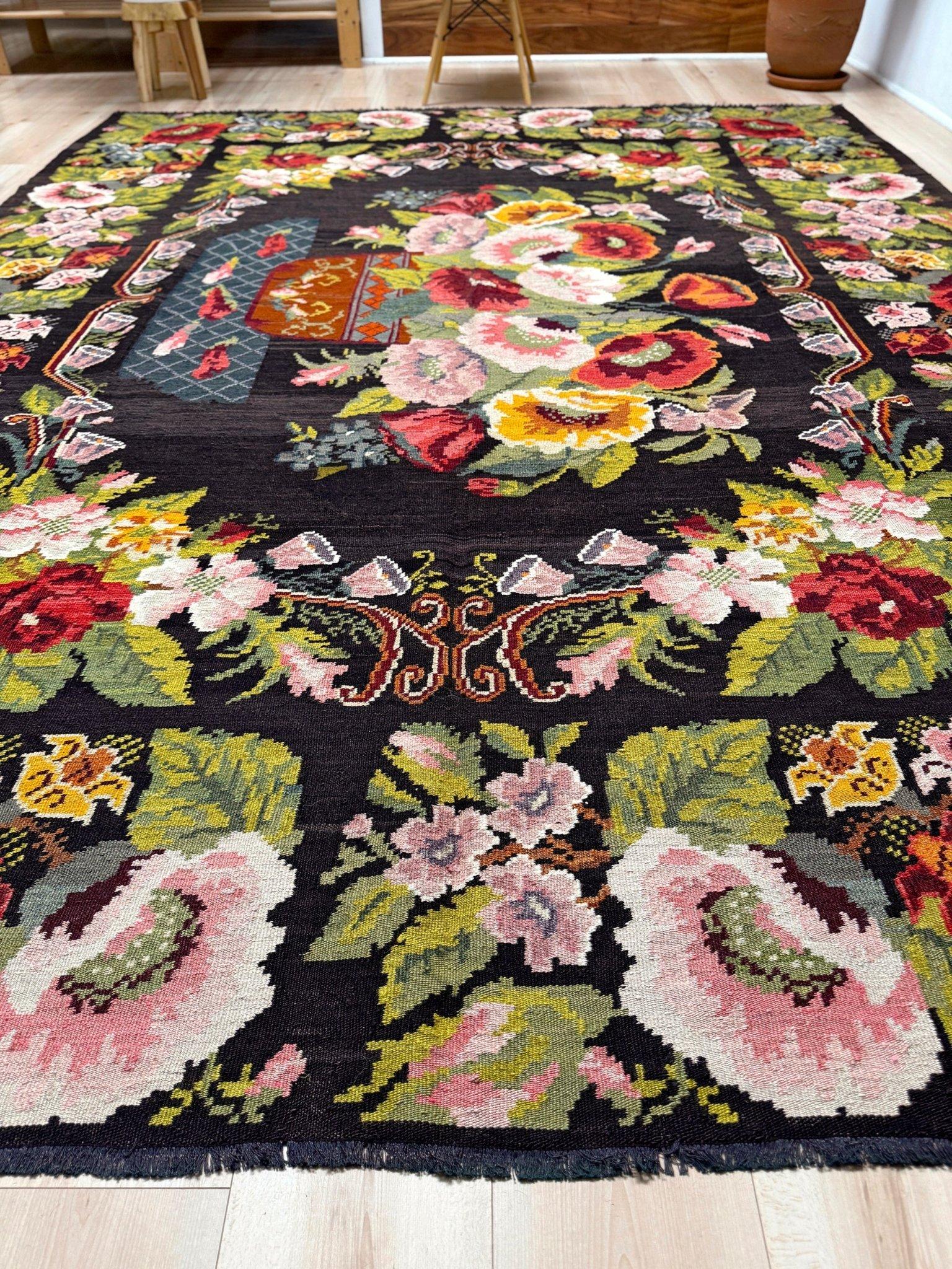 Kilim rosa - Alfombra de lana plana europea vintage - 8′5″×11′3″ - Década de 1940 Moldavia Tejido a mano en venta