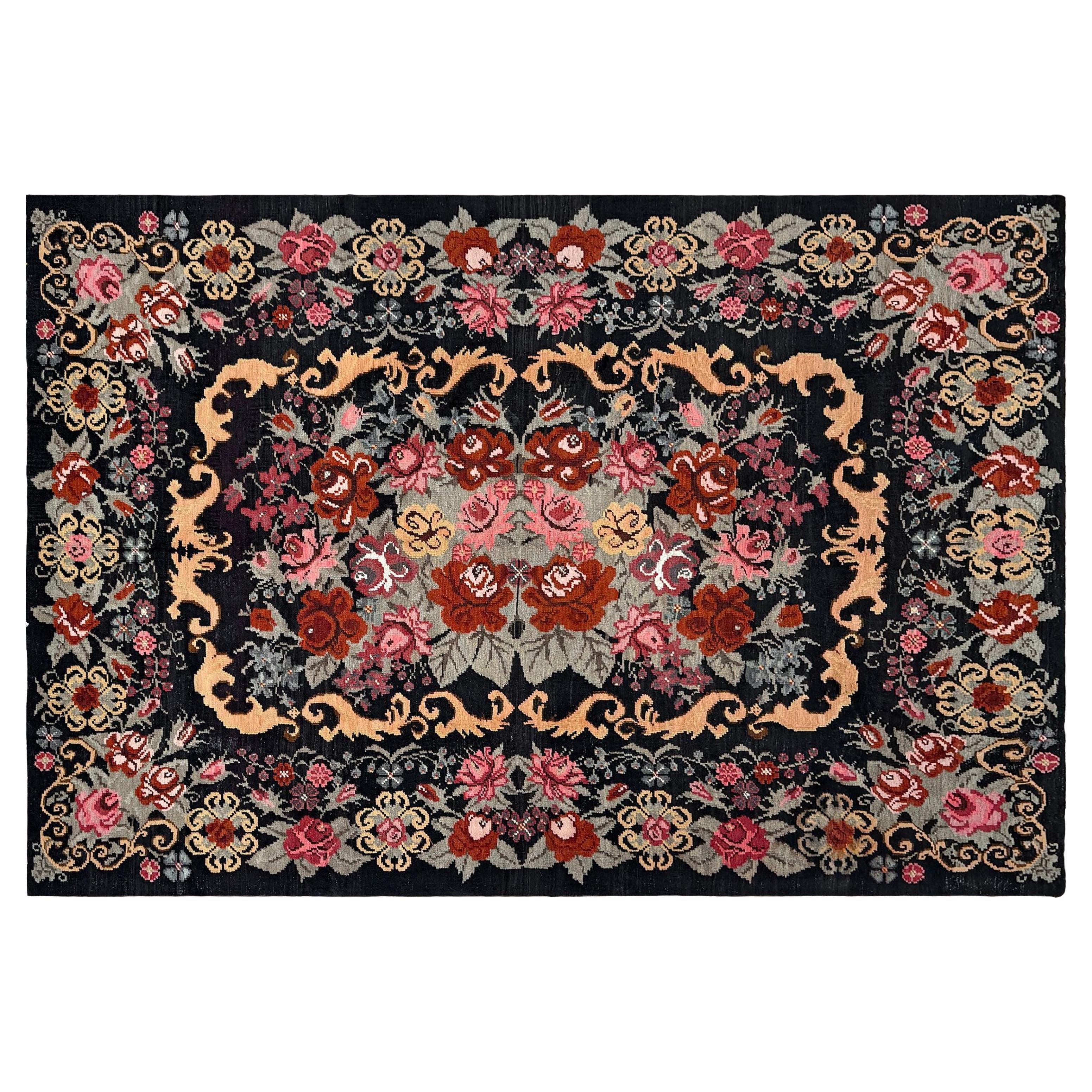 Rosen-Kilim - • Vintage European Flachgewebe Wollteppich - • 7′8″×11′4″ - • 1950er Jahre Moldawien