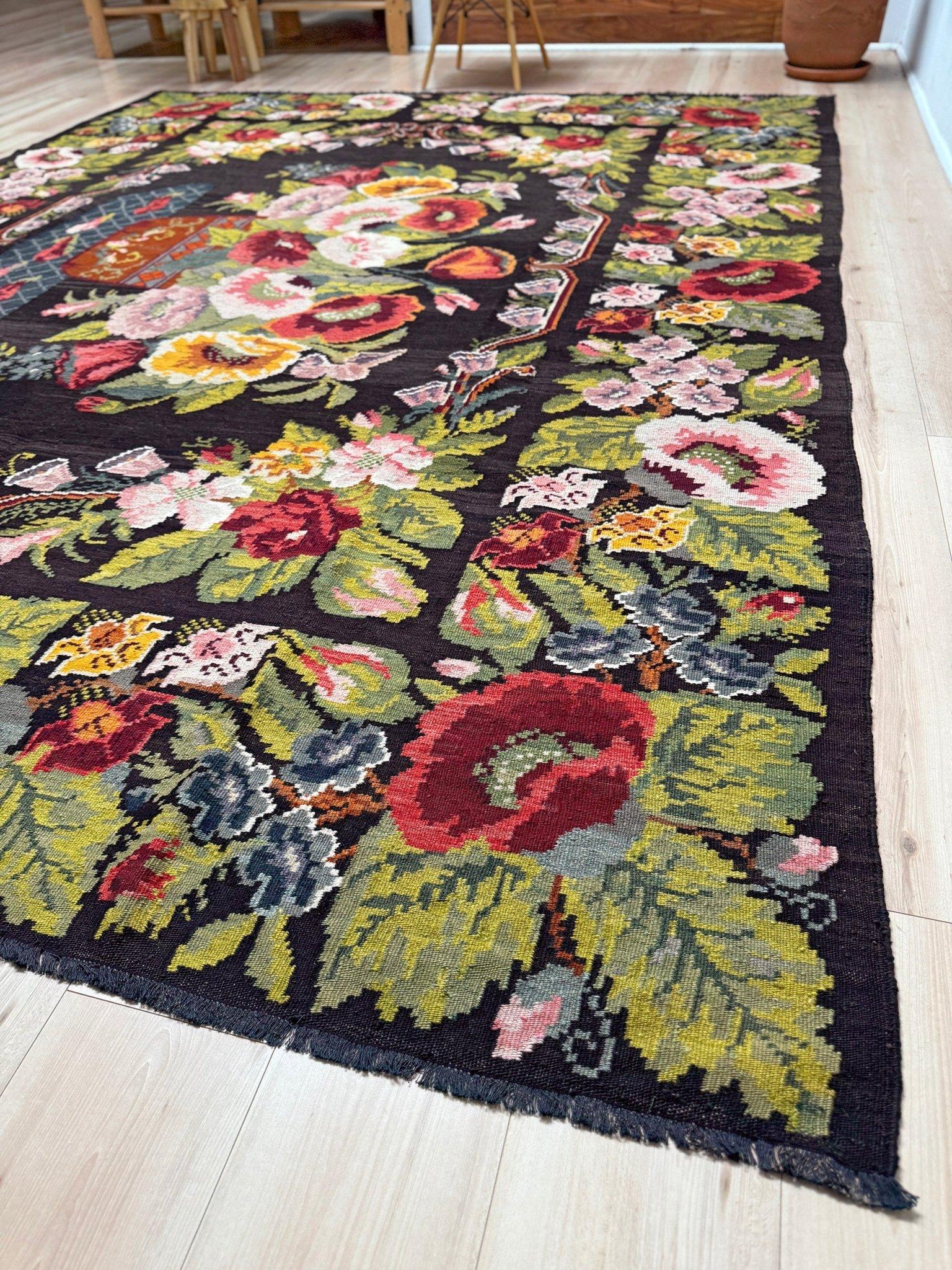 Kilim rosa - Alfombra de lana plana europea vintage - 8′5″×11′3″ - Década de 1940 Moldavia Lana en venta