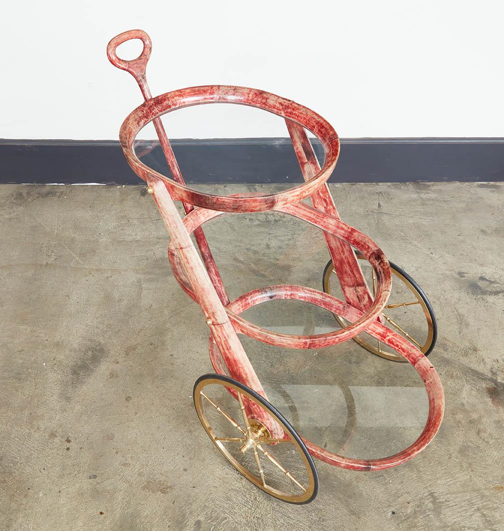Mid-Century Modern Rose Lacquered Goatskin and Brass Bar Cart by Aldo Tura For Sale
