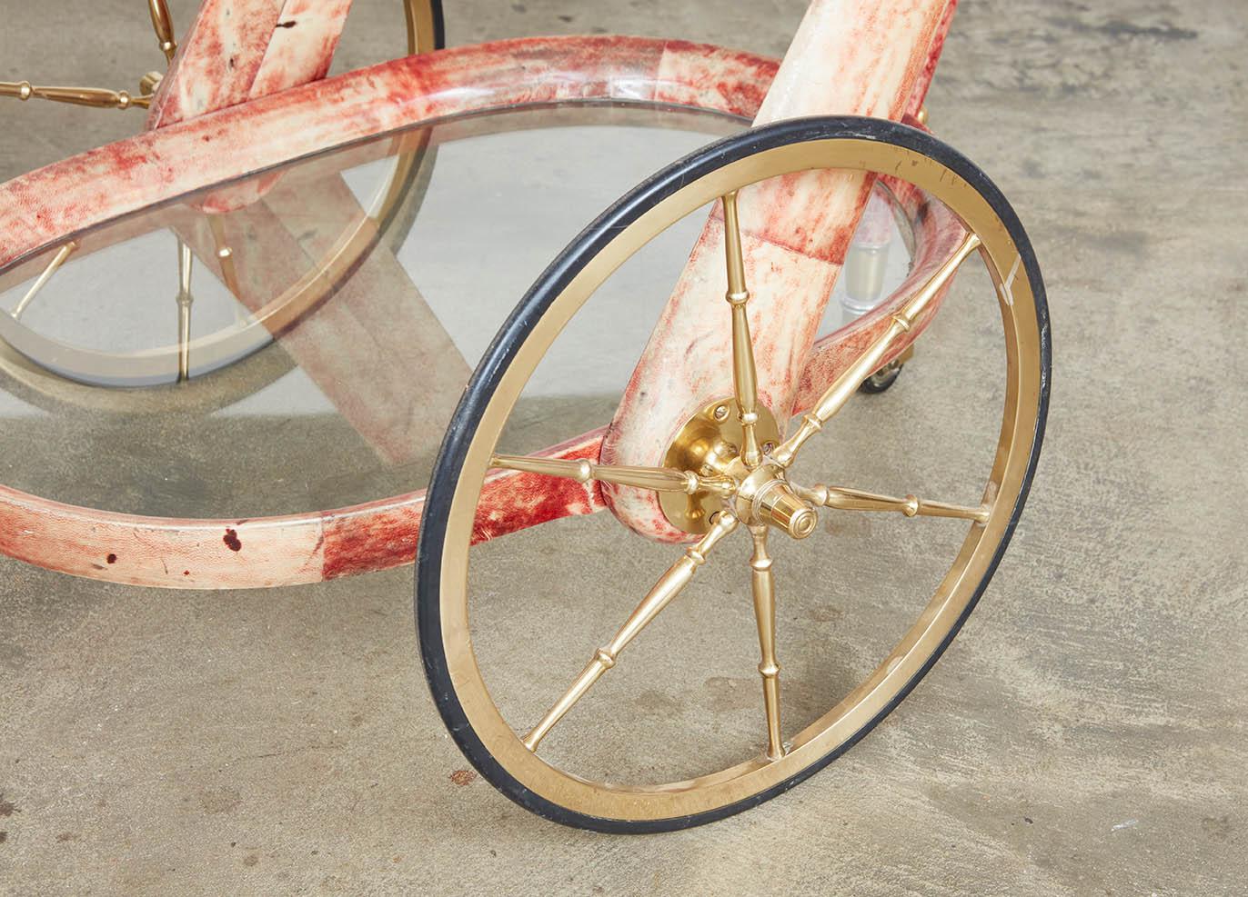 Rose Lacquered Goatskin and Brass Bar Cart by Aldo Tura In Good Condition For Sale In Lyndhurst, NJ