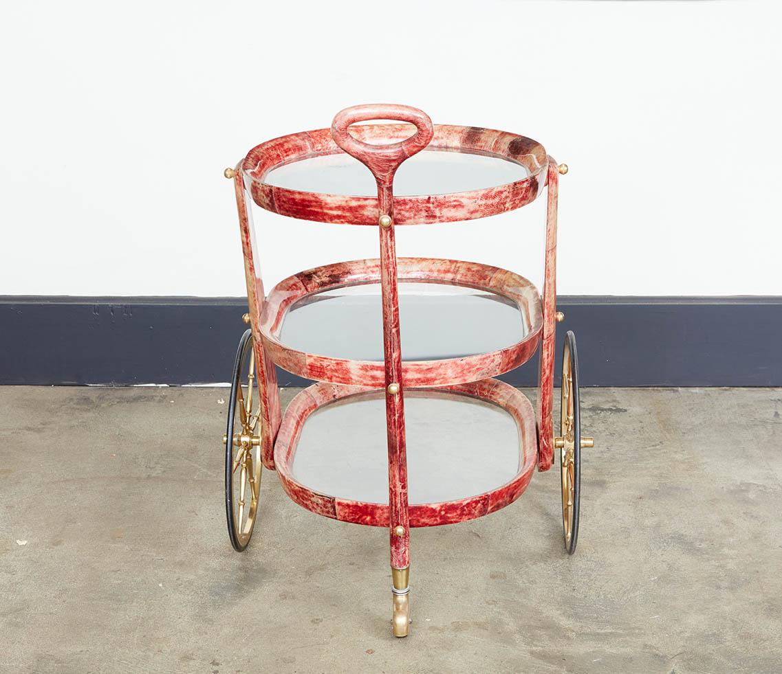 Rose Lacquered Goatskin and Brass Bar Cart by Aldo Tura For Sale 1