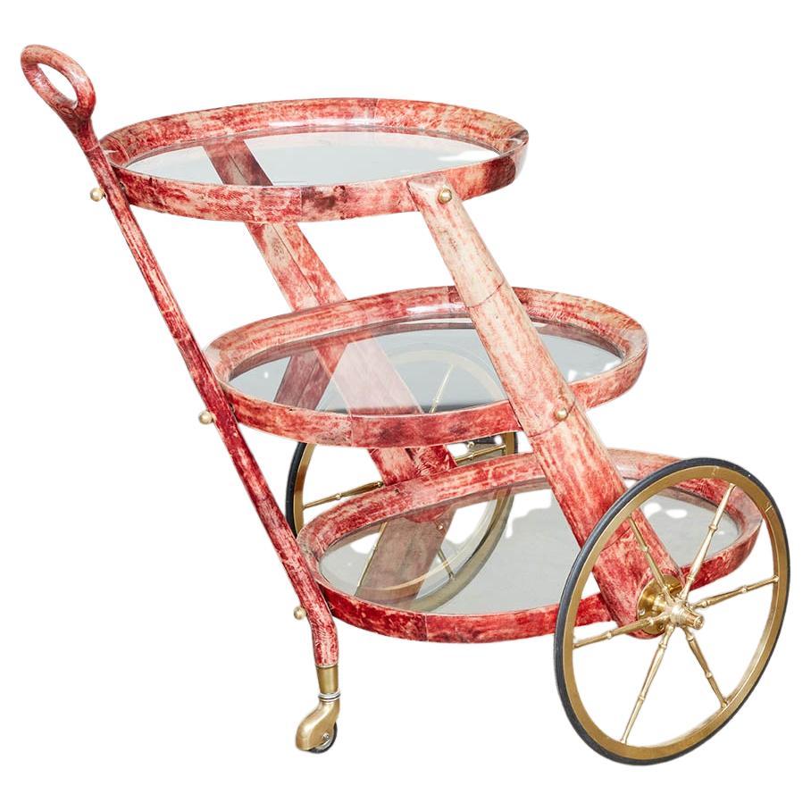 Rose Lacquered Goatskin and Brass Bar Cart by Aldo Tura For Sale