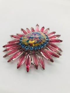Rose, Light Sapphire Austrian Crystal and Czech Fire Opal "Ruffle" Brooch
