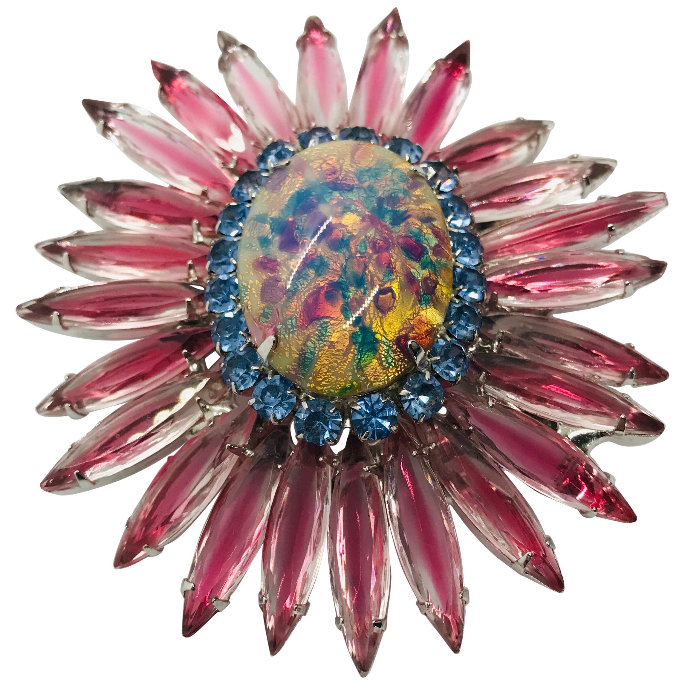 Rose, Light Sapphire Austrian Crystal and Czech Fire Opal "Ruffle" Brooch For Sale