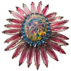 Rose, Light Sapphire Austrian Crystal and Czech Fire Opal "Ruffle" Brooch