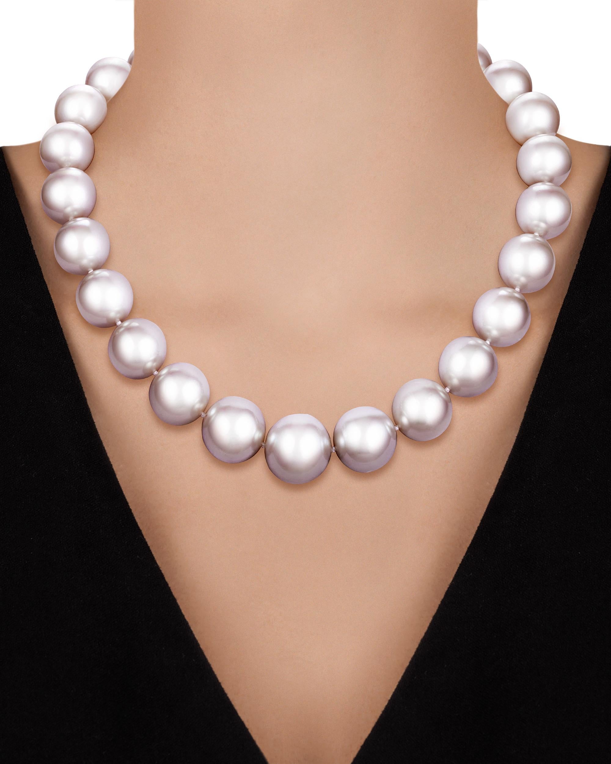Graduated South Sea pearls with a unique rose luster comprise this resplendent necklace. Hailing from the warm waters of the South Pacific, South Sea pearls are renowned for their large size and peerless luster. The largest of these pearls measure