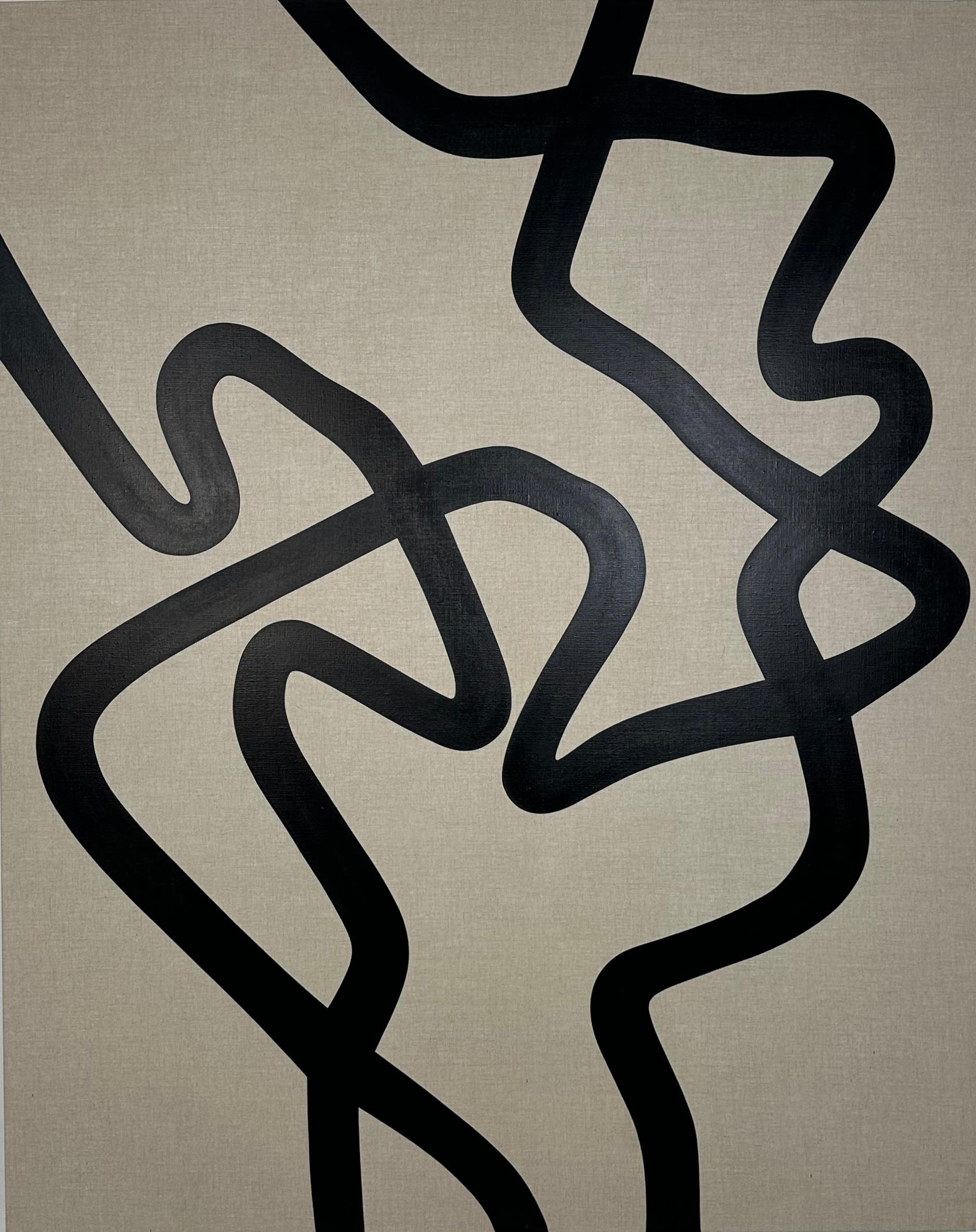 Minimalist Black Line Abstract on Linen by Rose Madone — Large Contemporary