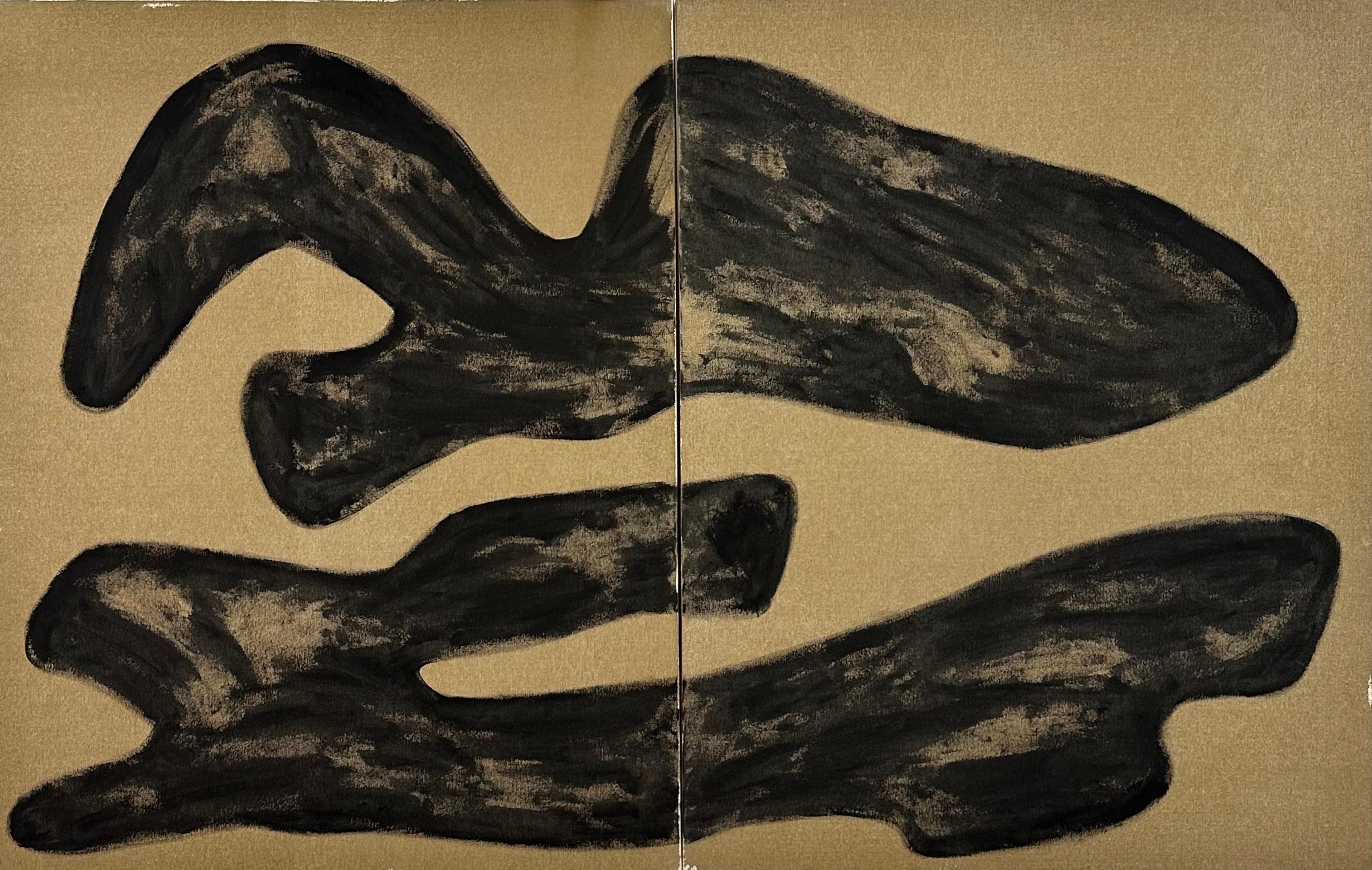 Rose Madone Grand diptyque abstrait avec formes gestuelles noires et audacieuses sur toile brute en vente 1