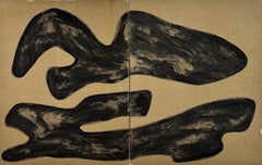 Rose Madone Large Abstract Diptych with Bold Black Gestural Forms on Raw Canvas