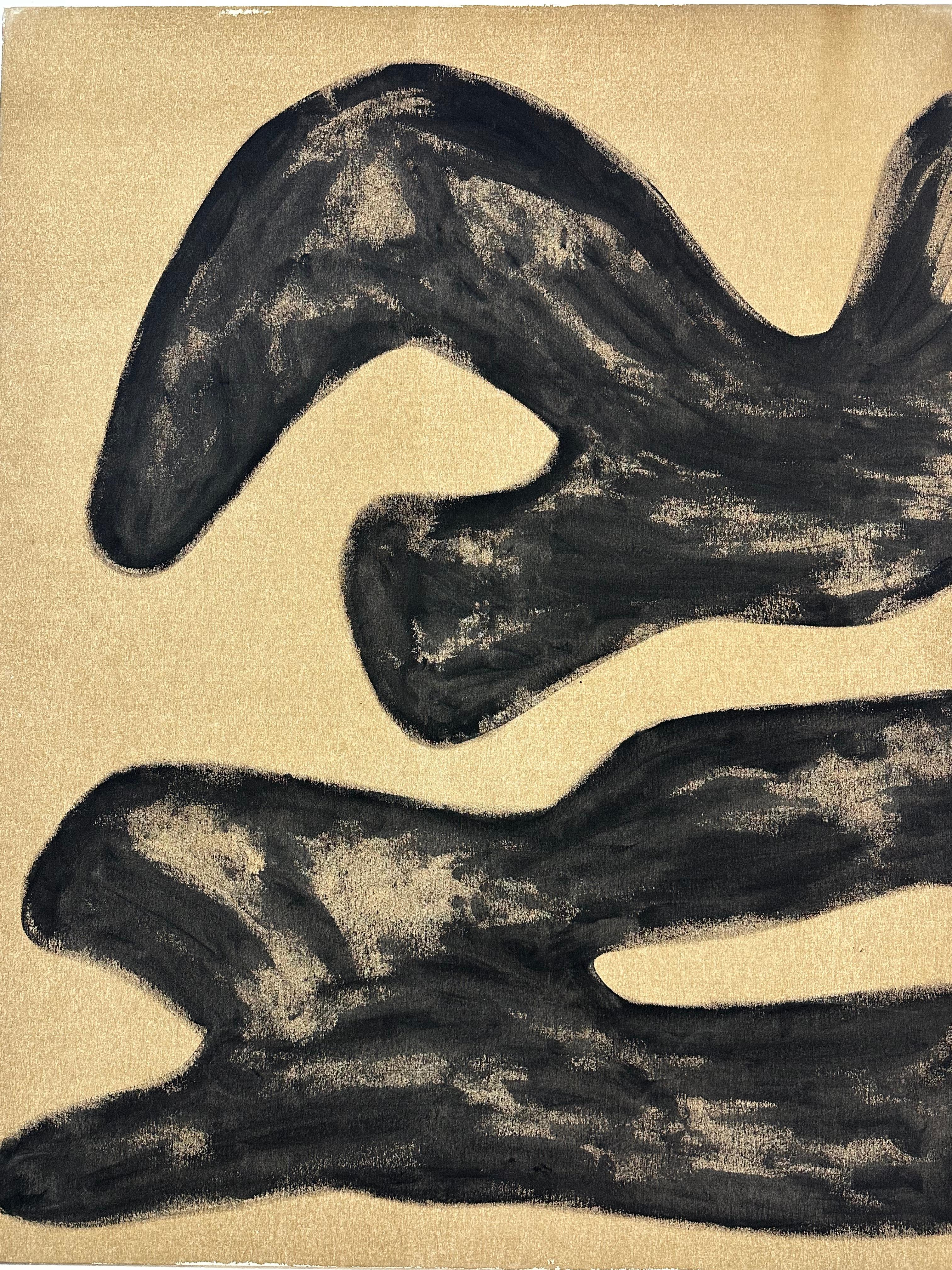 Rose Madone Grand diptyque abstrait avec formes gestuelles noires et audacieuses sur toile brute en vente 3