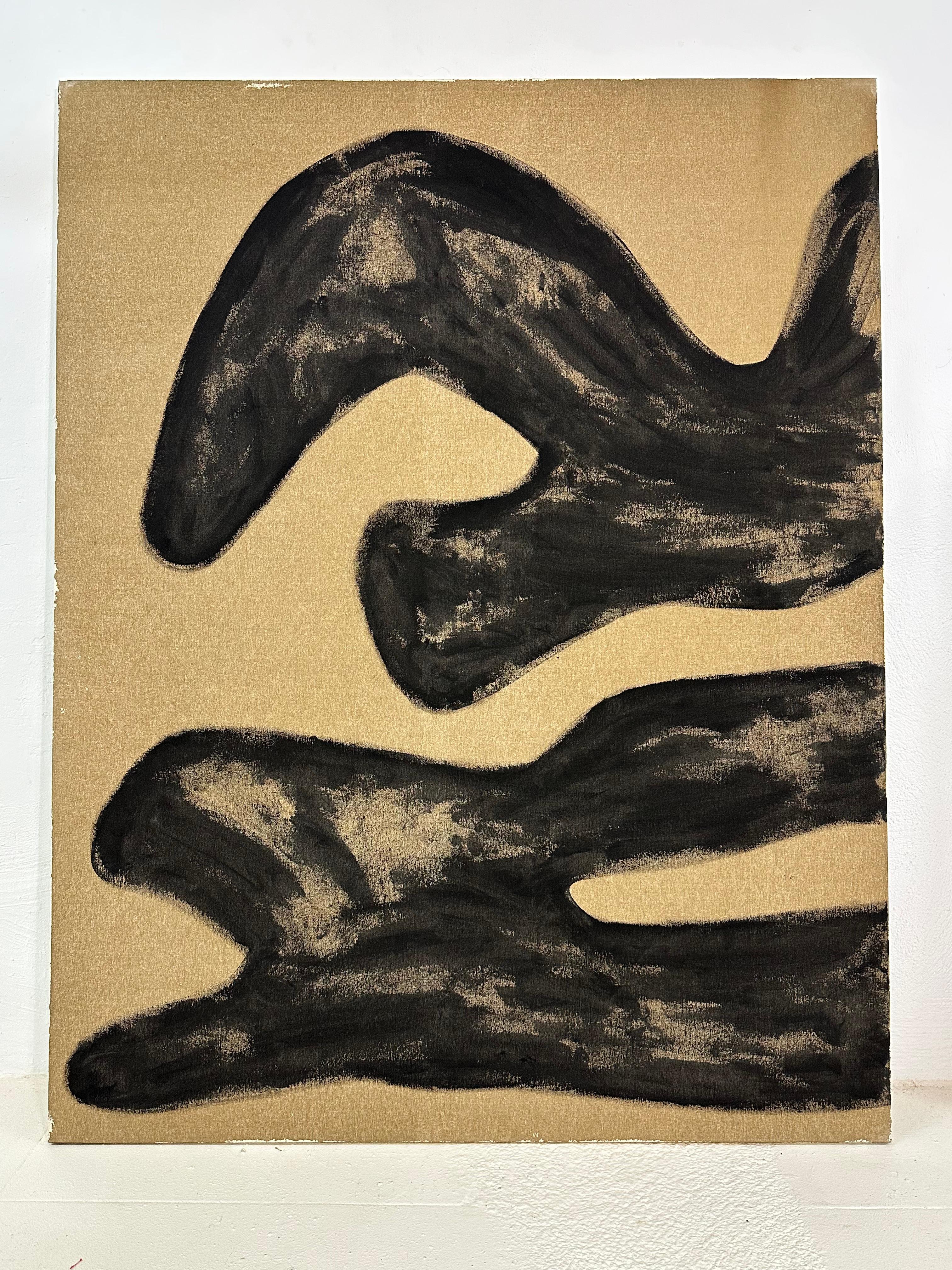 Rose Madone Grand diptyque abstrait avec formes gestuelles noires et audacieuses sur toile brute en vente 4