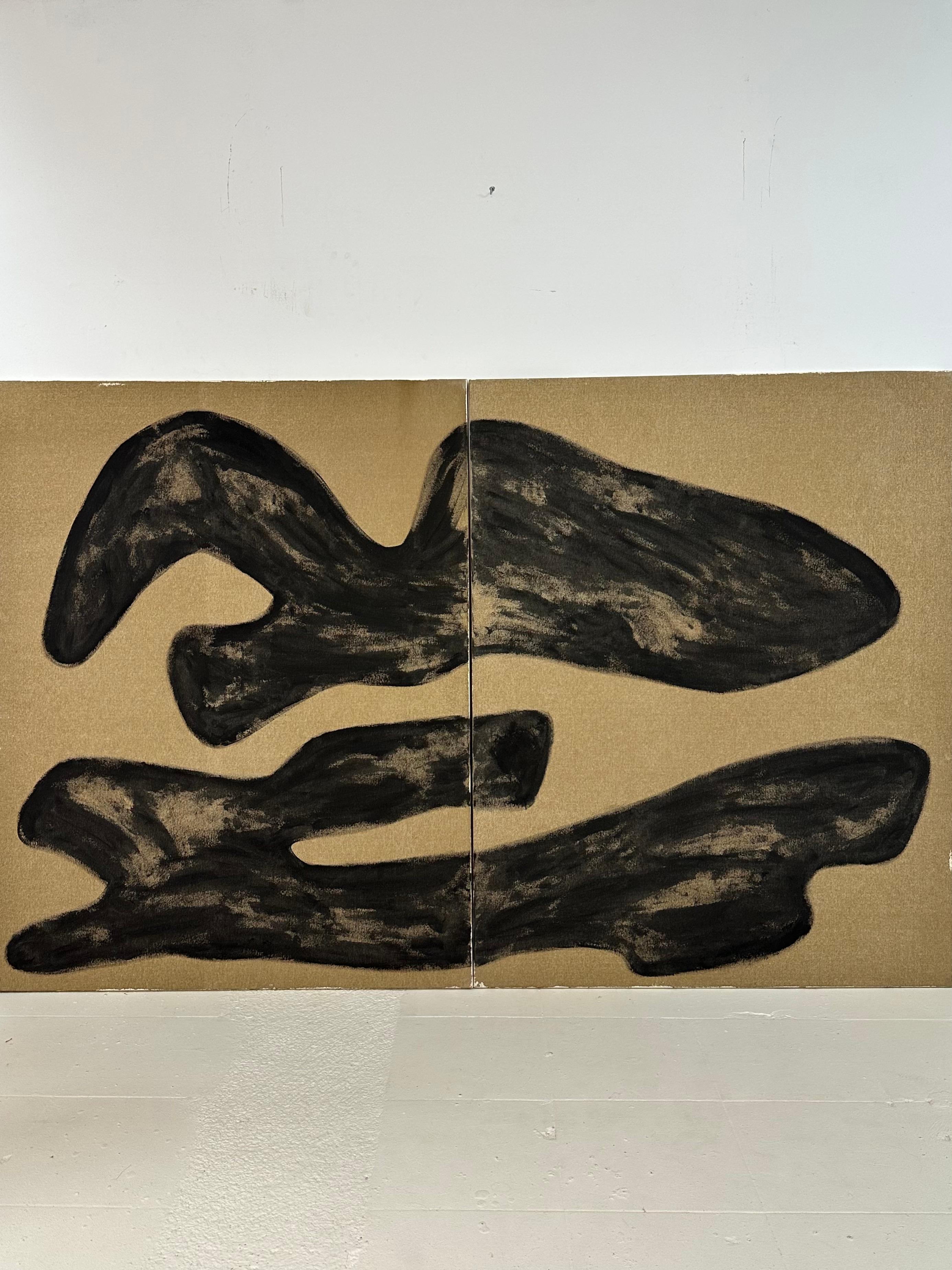 Rose Madone Grand diptyque abstrait avec formes gestuelles noires et audacieuses sur toile brute en vente 6