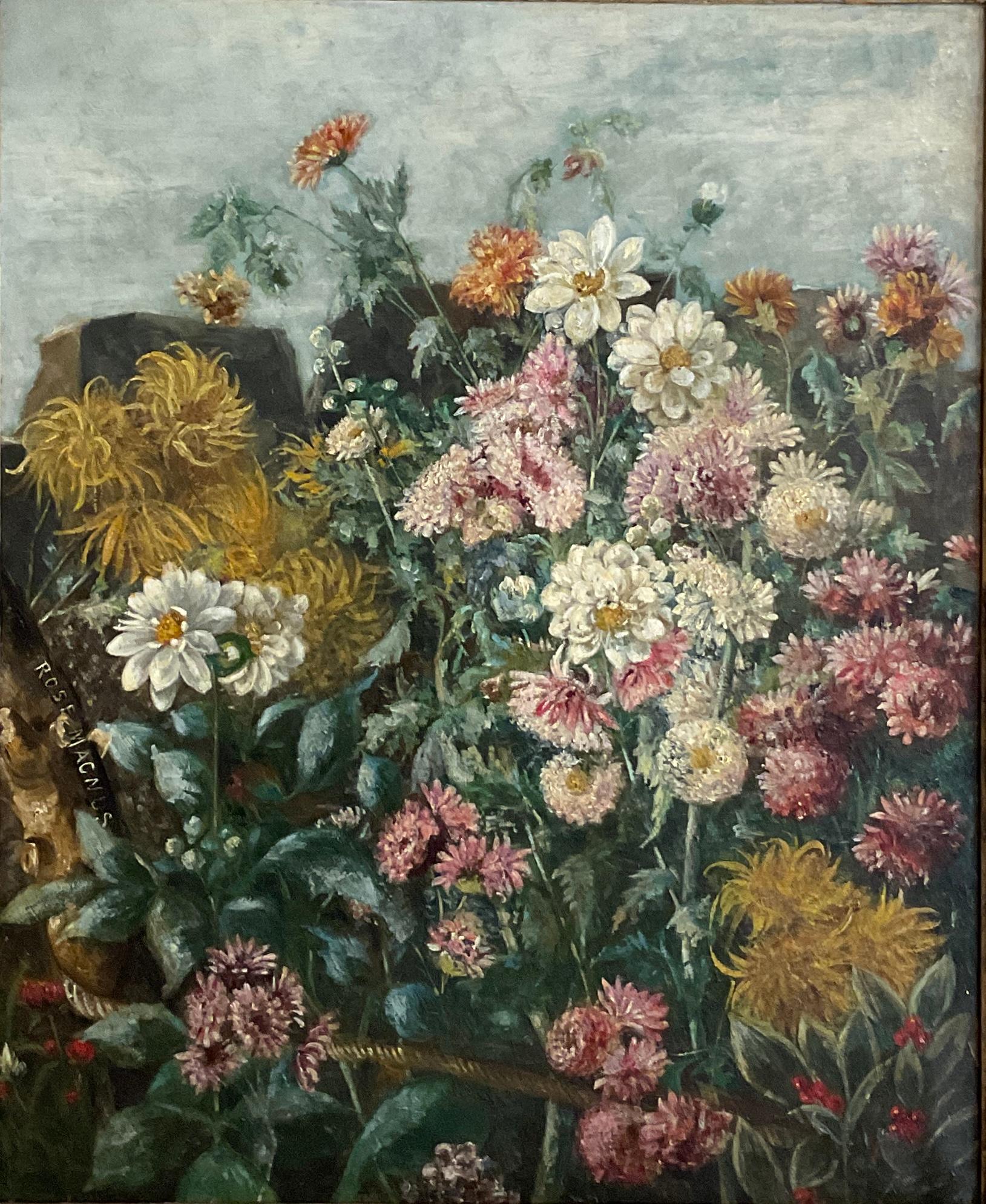 Peinture originale de l'artiste britannique Rose Magnus (1859-1900). Ses œuvres d'art sont exposées dans les musées de Sheffield.
Un travail traditionnel étonnant dans ce joli bouquet de fleurs. Signé.

Un beau cadre d'époque en bois doré avec une