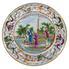 Antique Rose Mandarin Plate, Rare Scene and Colors, Flaming Pearl, Canton, ca. 1820