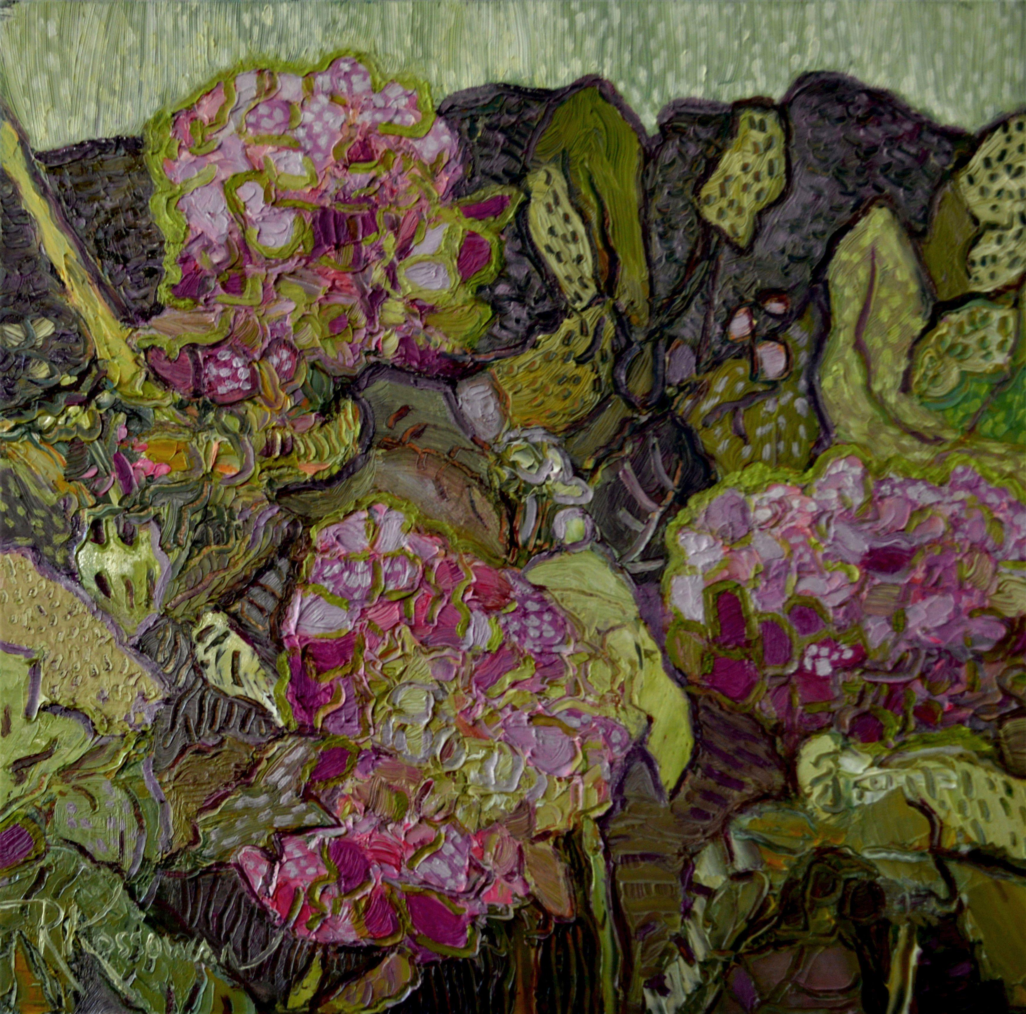 Peinture, huile sur toile, fuchsia et chartreuse - Painting de Rose Marie Kossowan