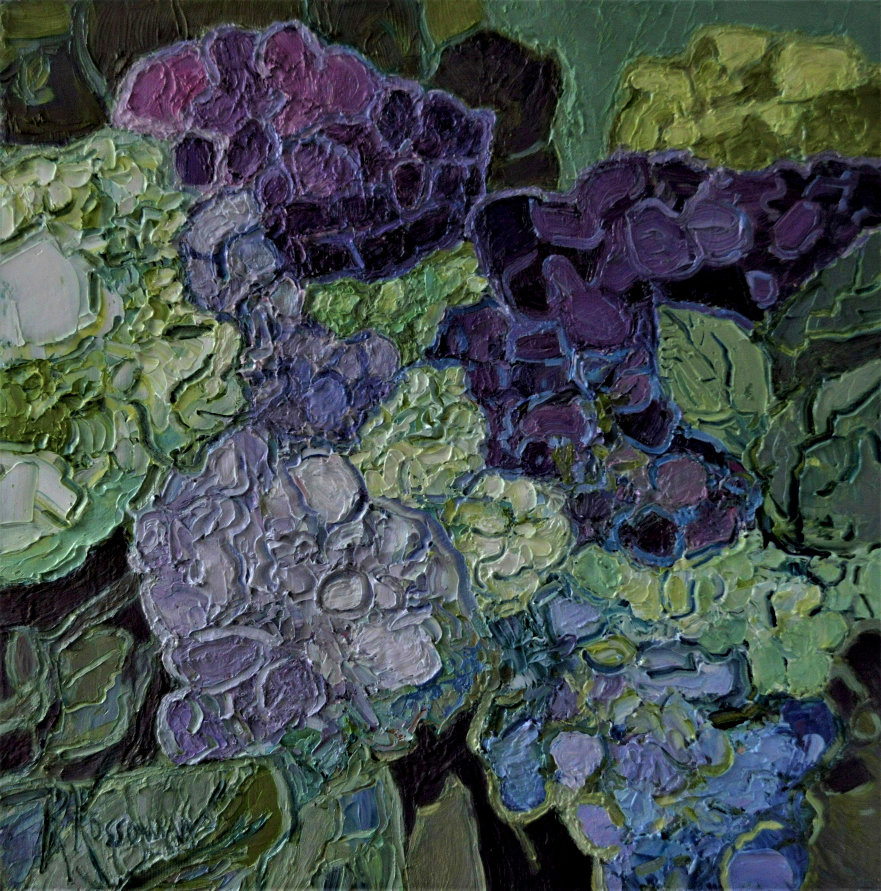 Hydrangeas in a grandmother's garden. This painting is mounted on 1.5" deep stretcher with gray painted sides and does not require a frame. :: Painting :: Impressionist :: This piece comes with an official certificate of authenticity signed by the