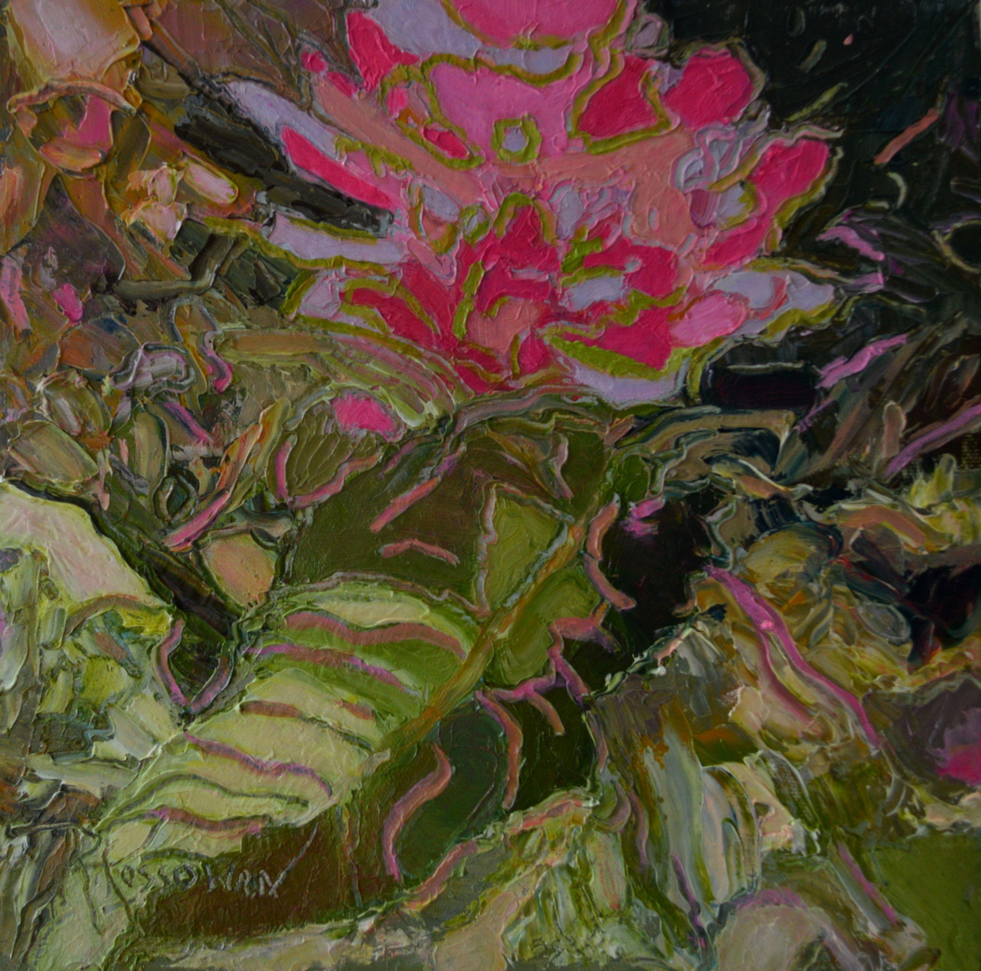 Impressionistic, loosely painted Rhododendron. The canvas is stretched on a deep 1.5 inch stretcher  with grey painted sides so can can hung with or without a frame. :: Painting :: Impressionist :: This piece comes with an official certificate of