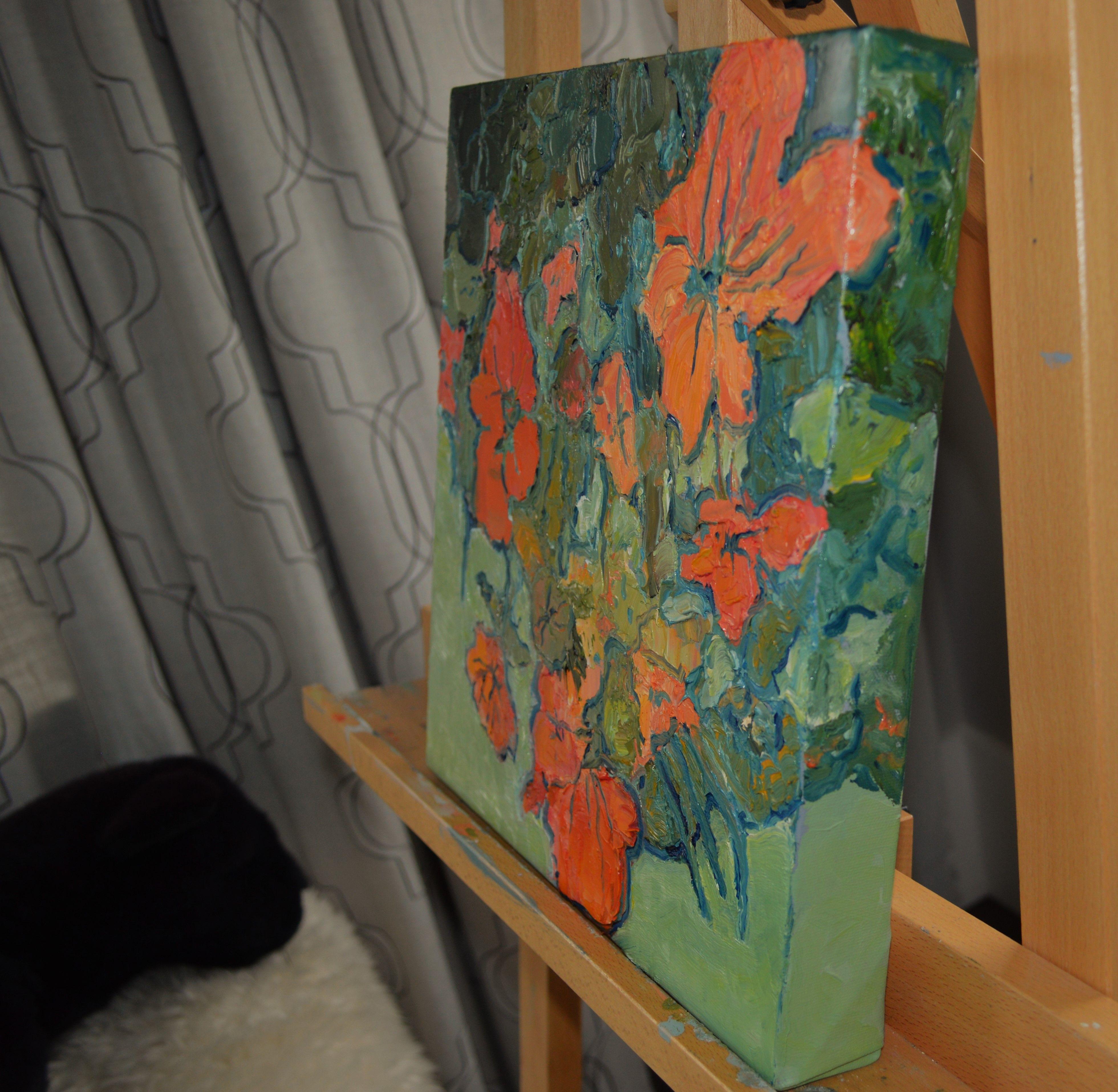 Scarlet Nasturtiums, Painting, Oil on Canvas For Sale 1