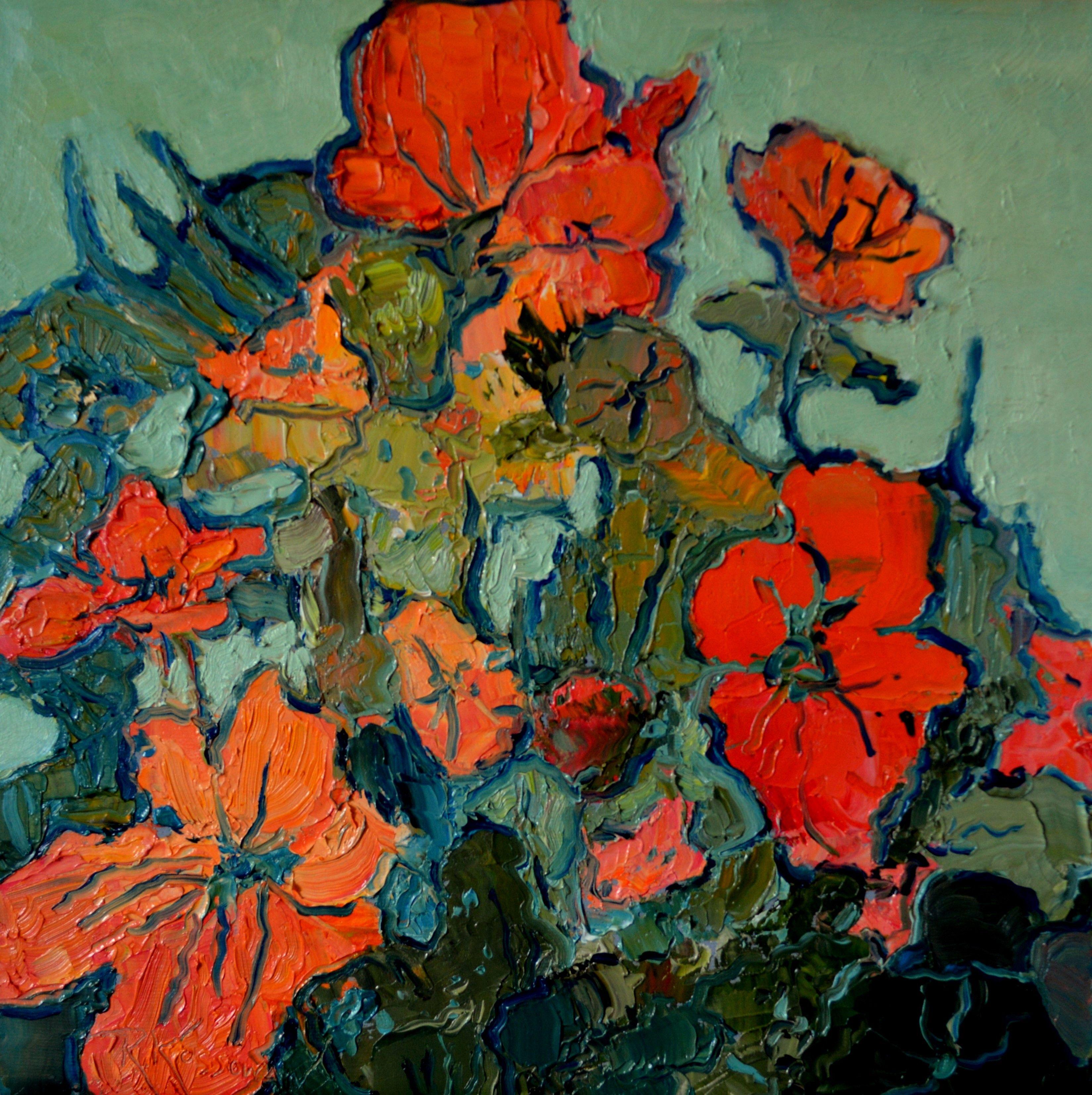 Nasturtiums enjoying the sun. This painting is done on deep canvas with 1.5 inch sides which are painted and does not require a frame. :: Painting :: Impressionist :: This piece comes with an official certificate of authenticity signed by the artist