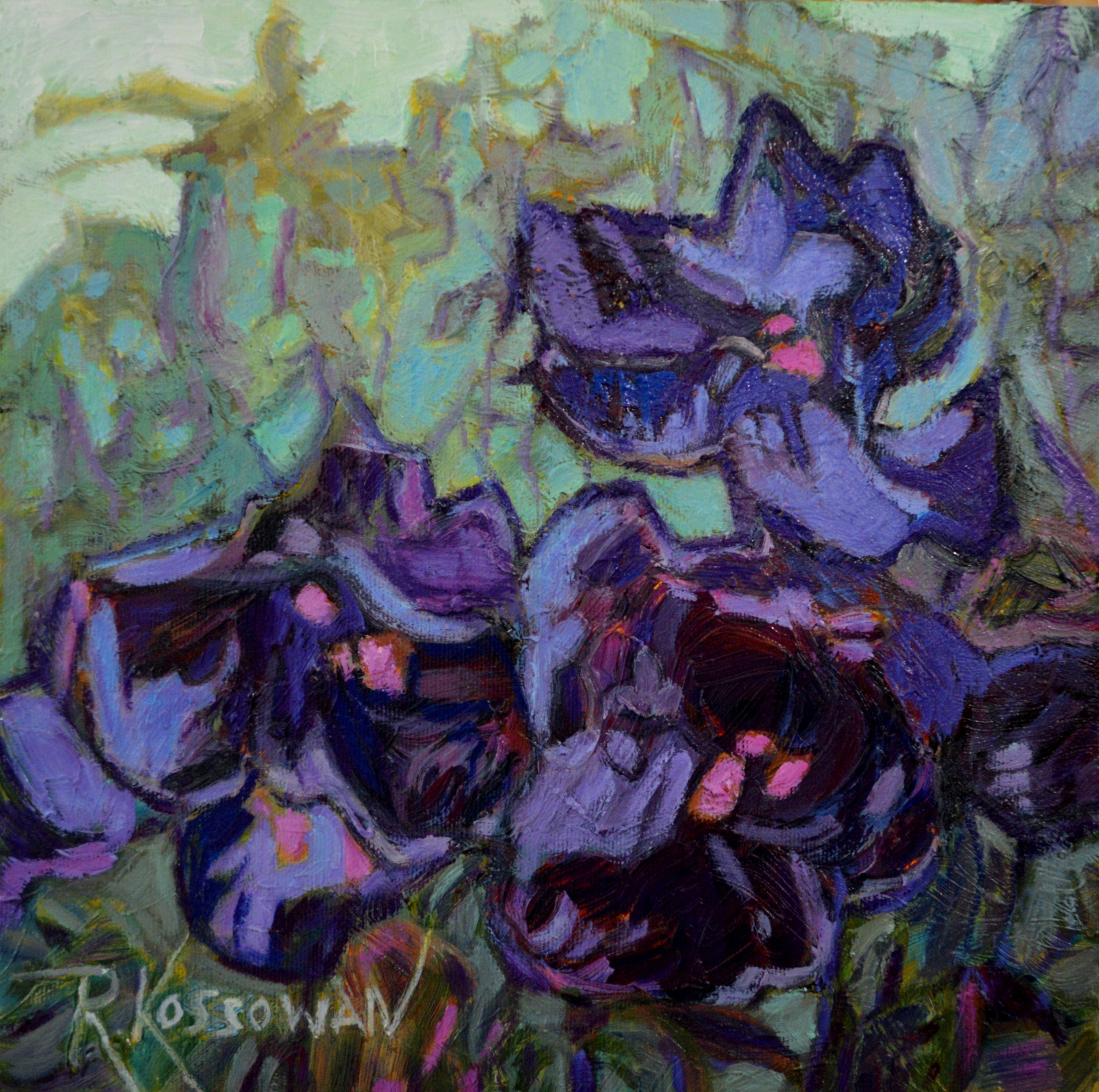 Stylized composition of three pansies, contrasting cool greens with mauves and purples. This painting is done on deep sided, gallery wrapped canvas with sides painted gray and does not require a frame.  :: Painting :: Impressionist :: This piece