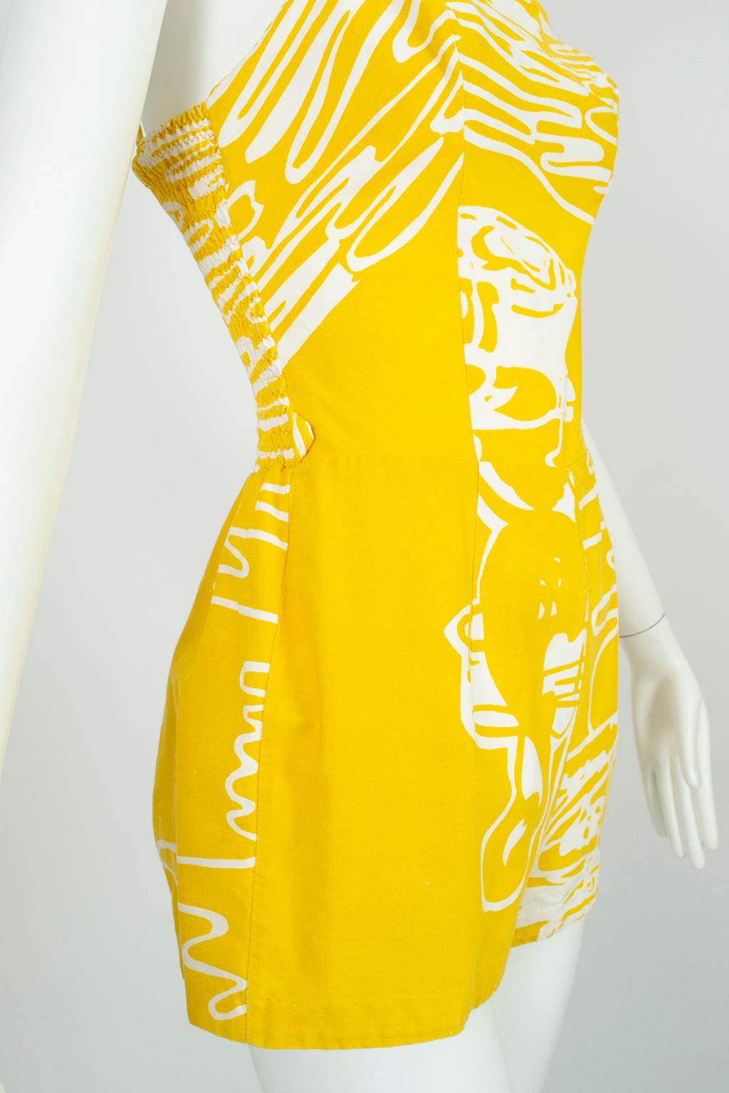 Rose Marie Reid Yellow Abstract Sun Suit Play Suit Beach Romper – XS, 1950s In Excellent Condition For Sale In Tucson, AZ