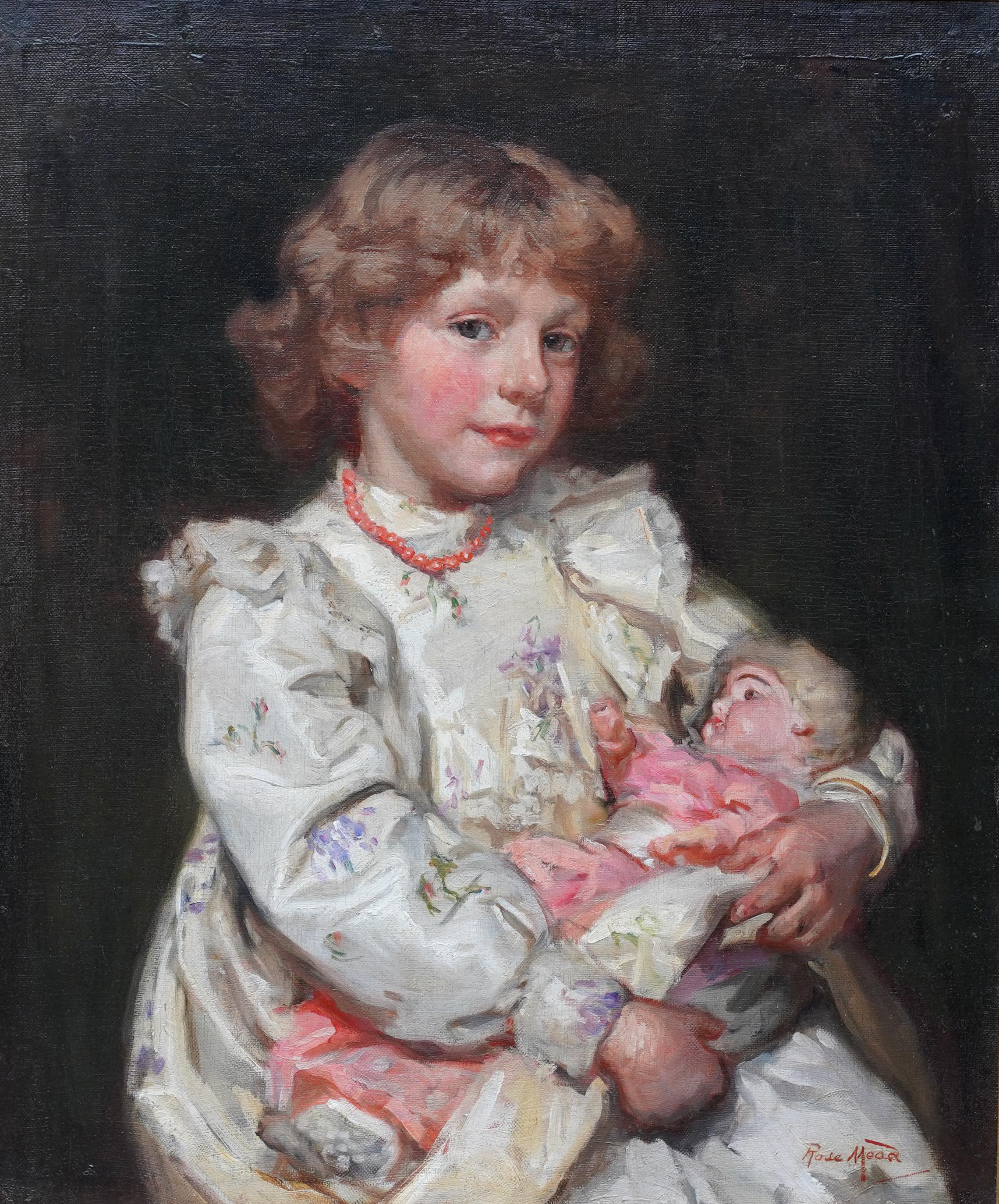 Portrait d'une fille avec une poupée - Peinture à l'huile d'art édouardienne britannique - Painting de Rose Mead