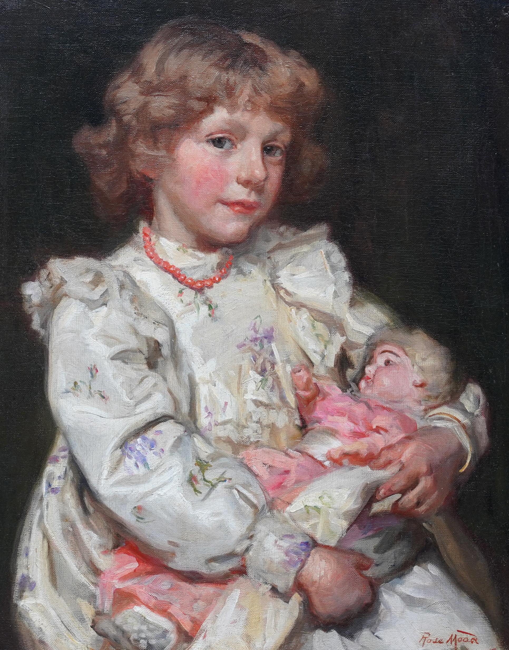 Portrait d'une fille avec une poupée - Peinture à l'huile d'art édouardienne britannique - Réalisme Painting par Rose Mead