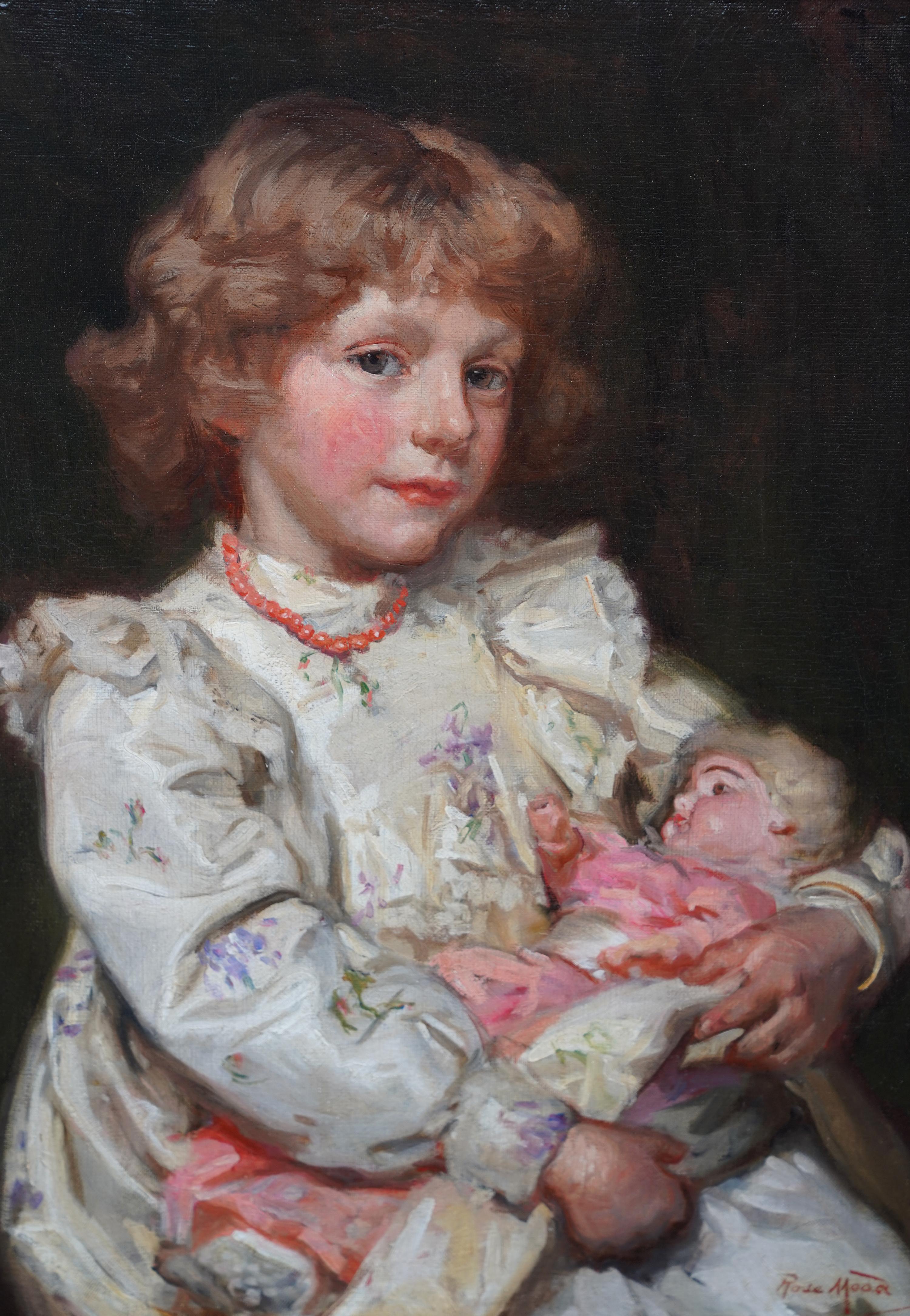 Dieses prächtige britische Porträt-Ölgemälde aus der Edwardianischen Zeit stammt von der bekannten Künstlerin Emma Rose Mead, auch bekannt als Rose Mead. Dieses atemberaubende Gemälde aus der Zeit um 1907 zeigt ein junges Mädchen mit einer Puppe auf