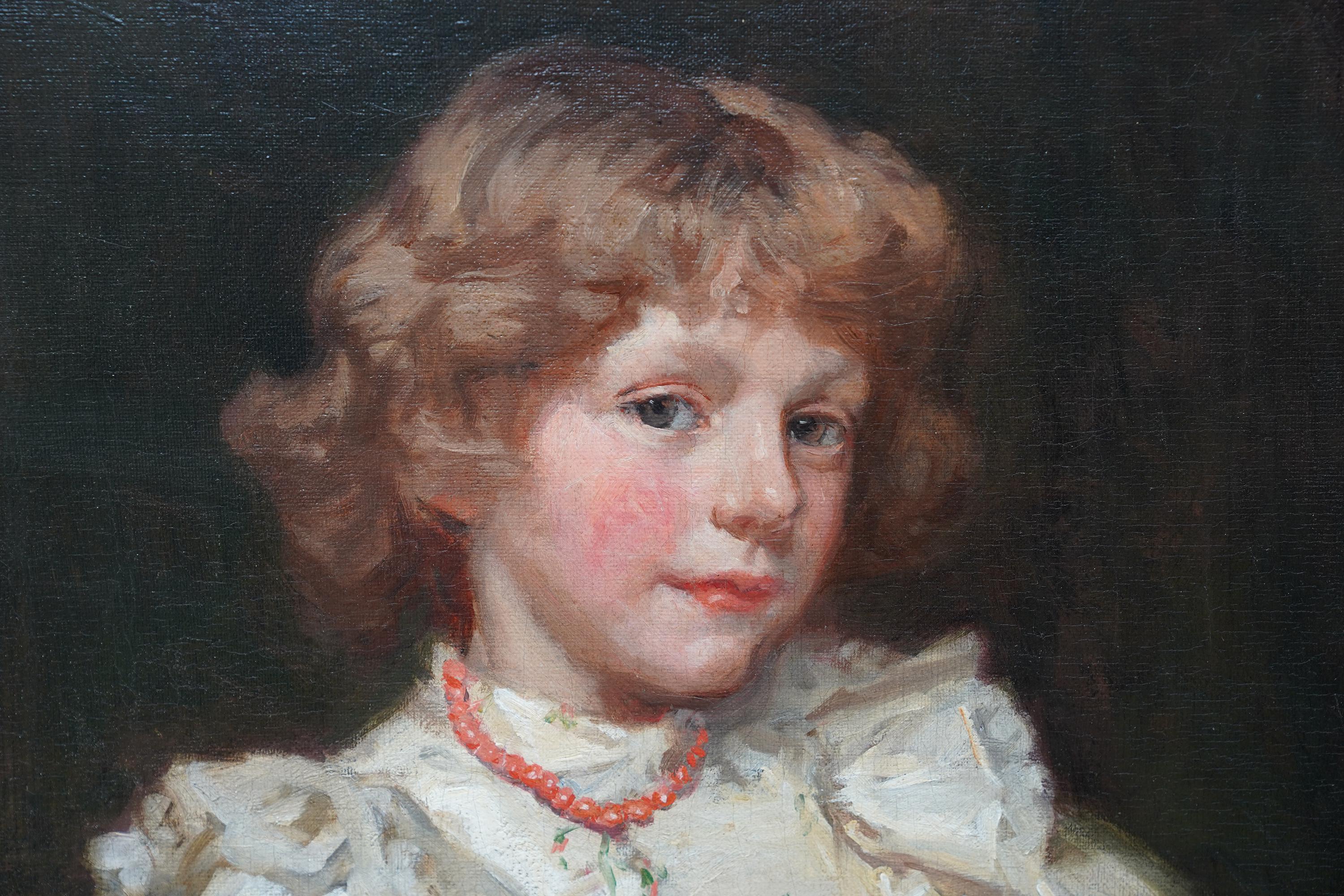Portrait of a Girl with Doll - British Edwardian art portrait oil painting For Sale 3