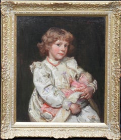 Antique Portrait of a Girl with Doll - British Edwardian art portrait oil painting