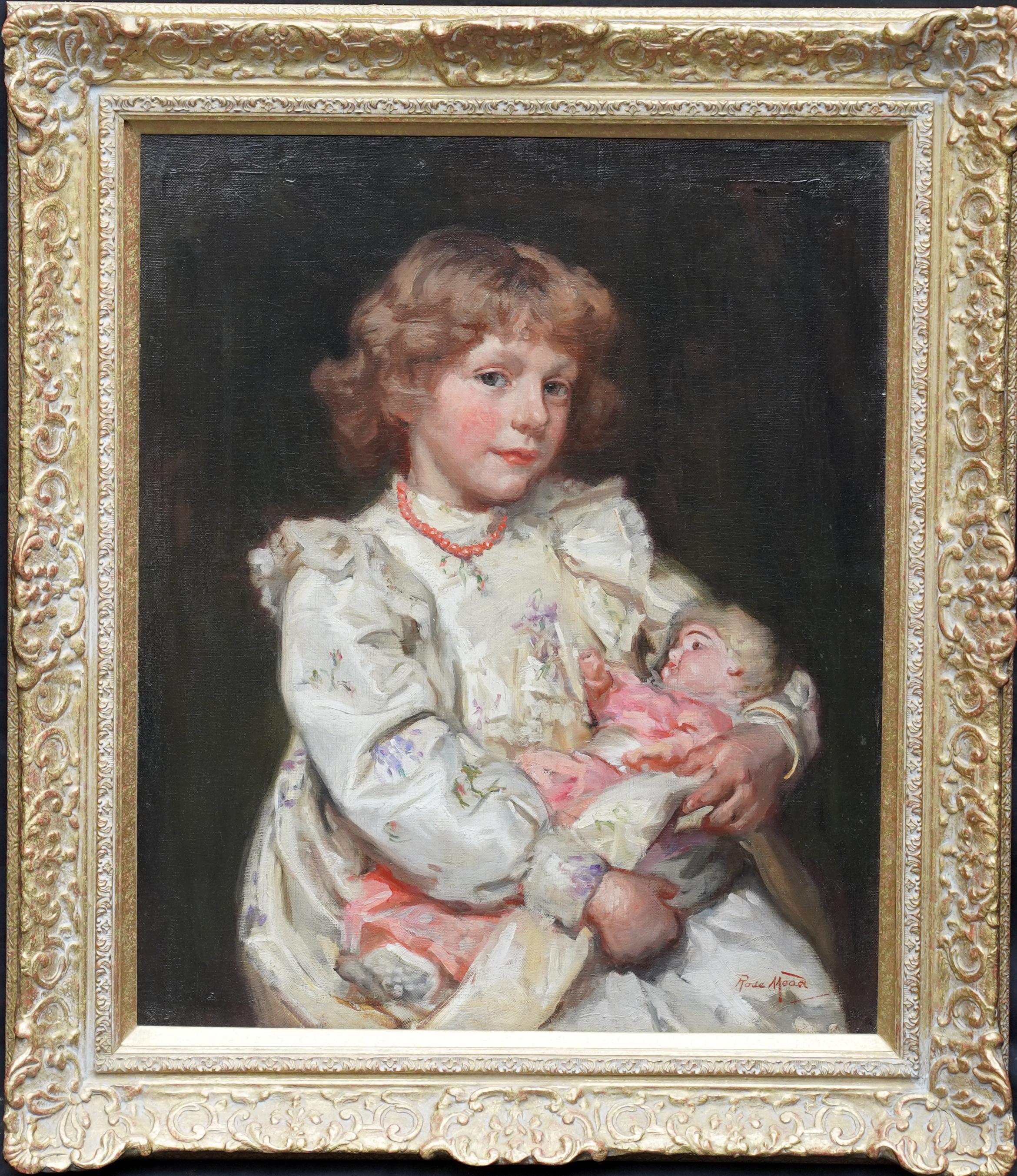 Rose Mead Portrait Painting – Porträt eines Mädchens mit Puppe – britisches edwardianisches Porträt-Ölgemälde