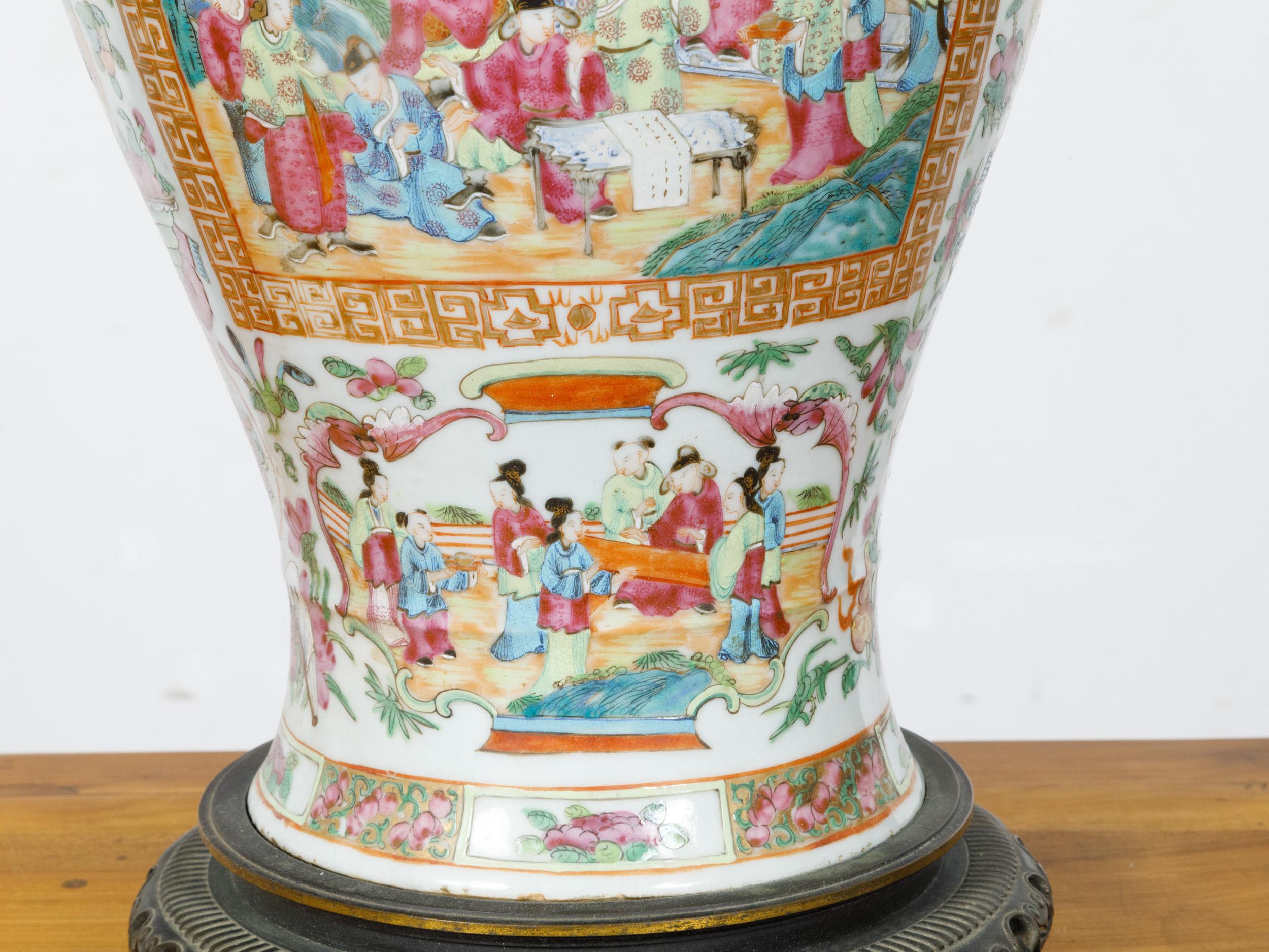 Brass Rose Medallion Canton Baluster Vase  circa 1800 Mounted as a Table Lamp For Sale