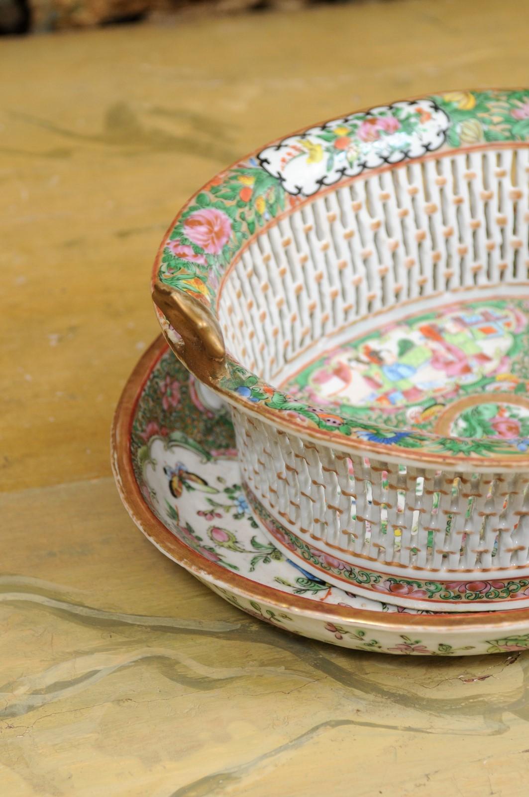 Rose Medallion Lattice Reticulated Basket with Underplate, Late 19th Century For Sale 6
