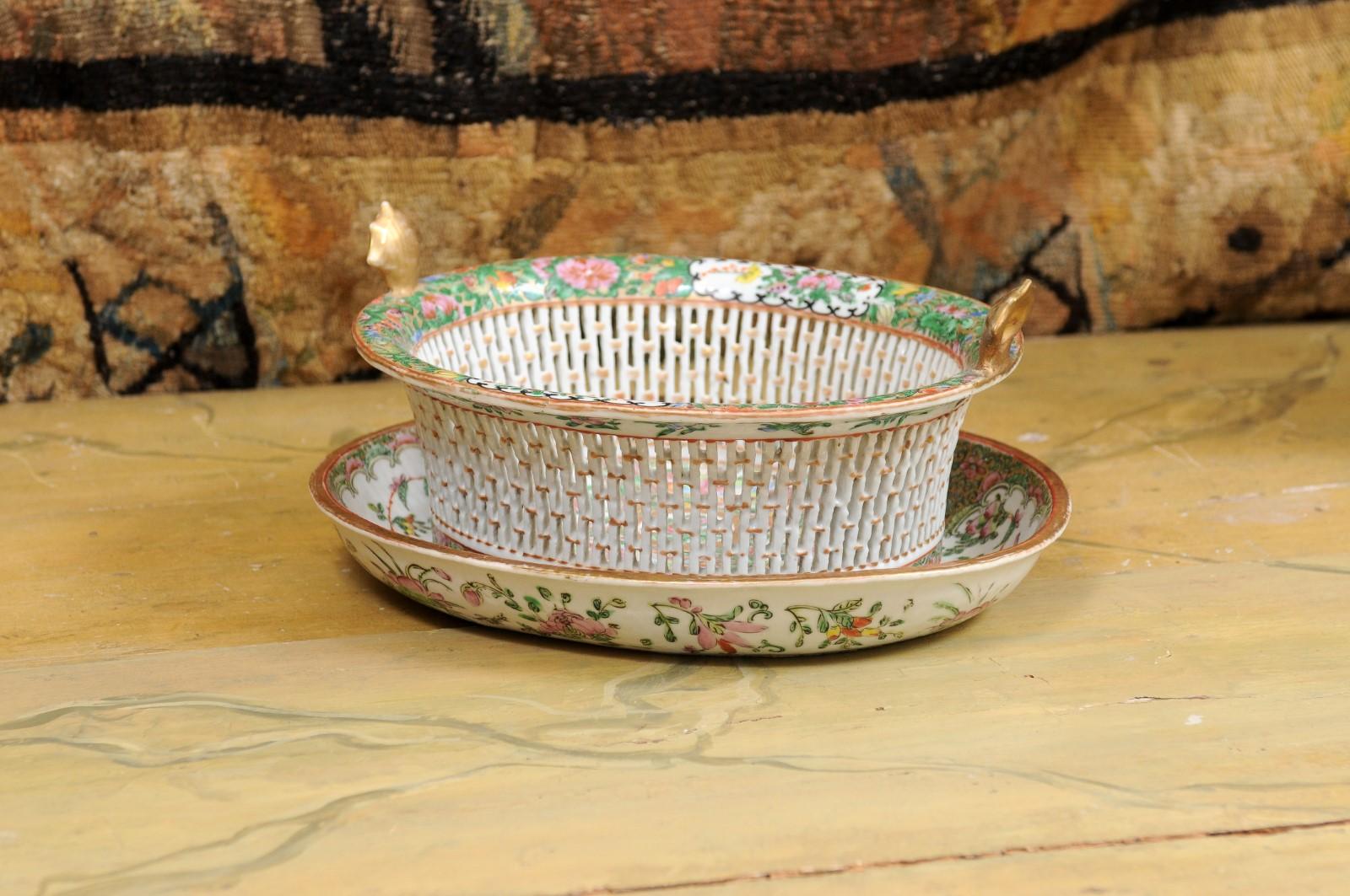 Rose Medallion Lattice Reticulated Basket with Underplate, Late 19th Century For Sale 9