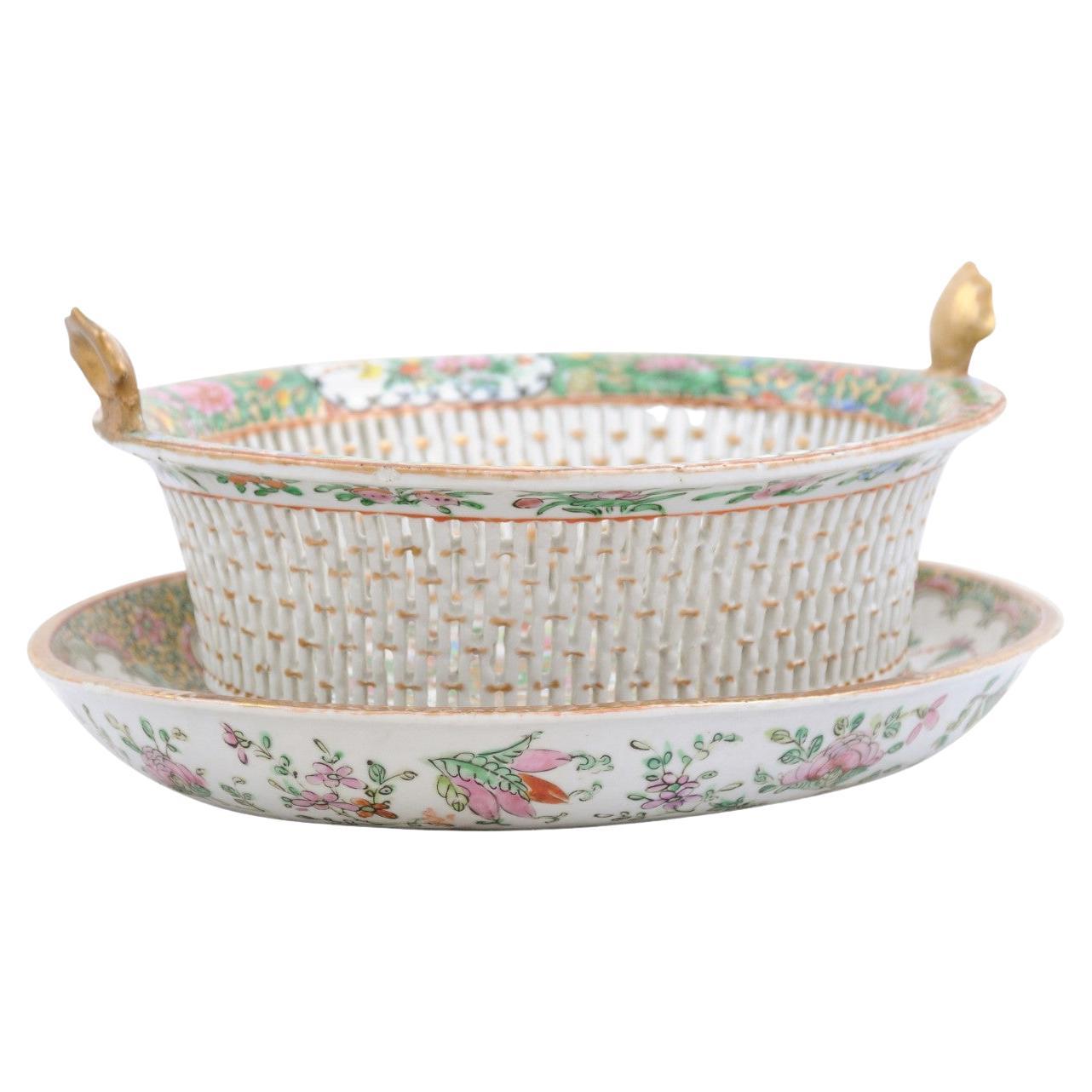 Chinese Rose Medallion Reticulated Porcelain Chestnut Basket with ...