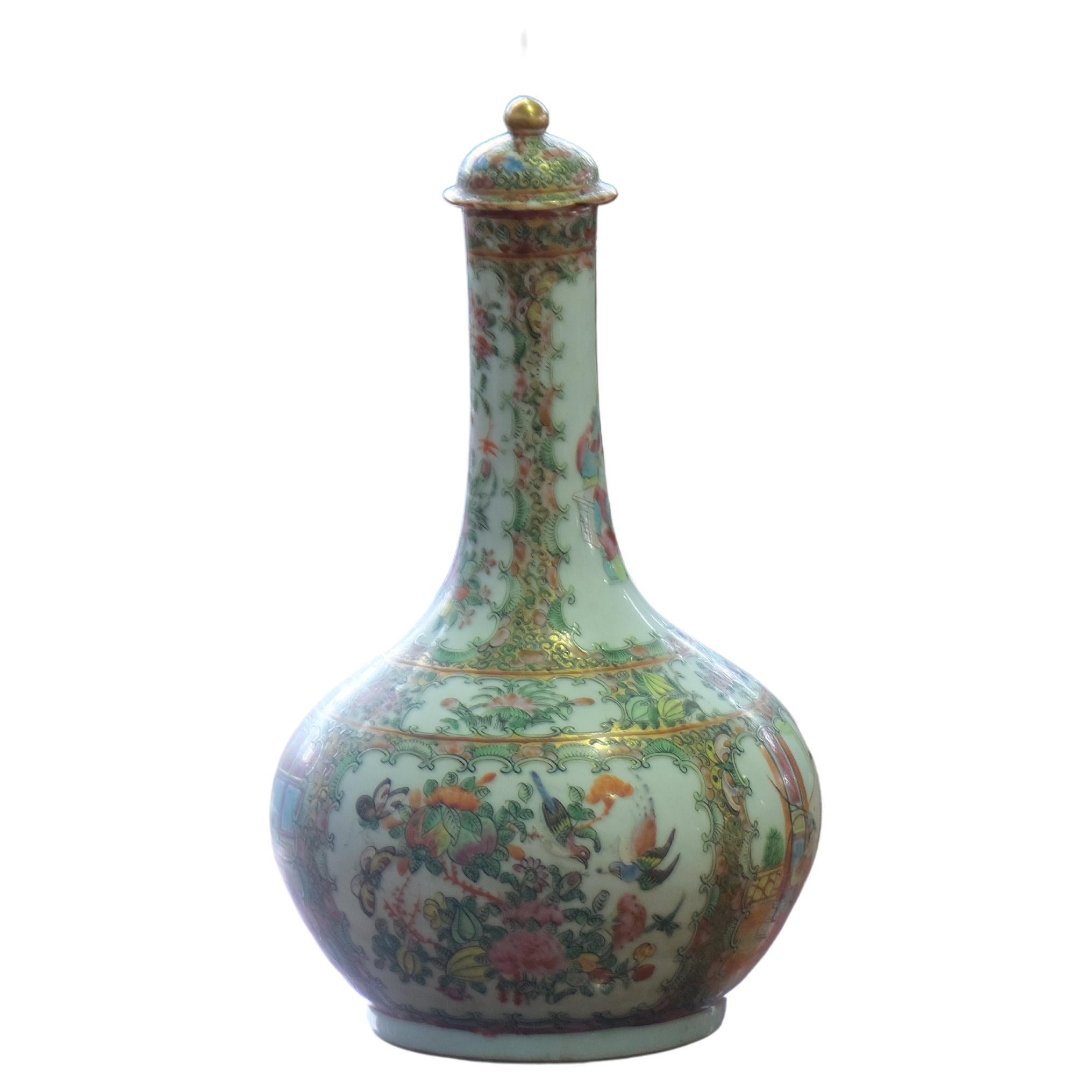 Rose Medallion Lidded Water Bottle, 19th Century For Sale