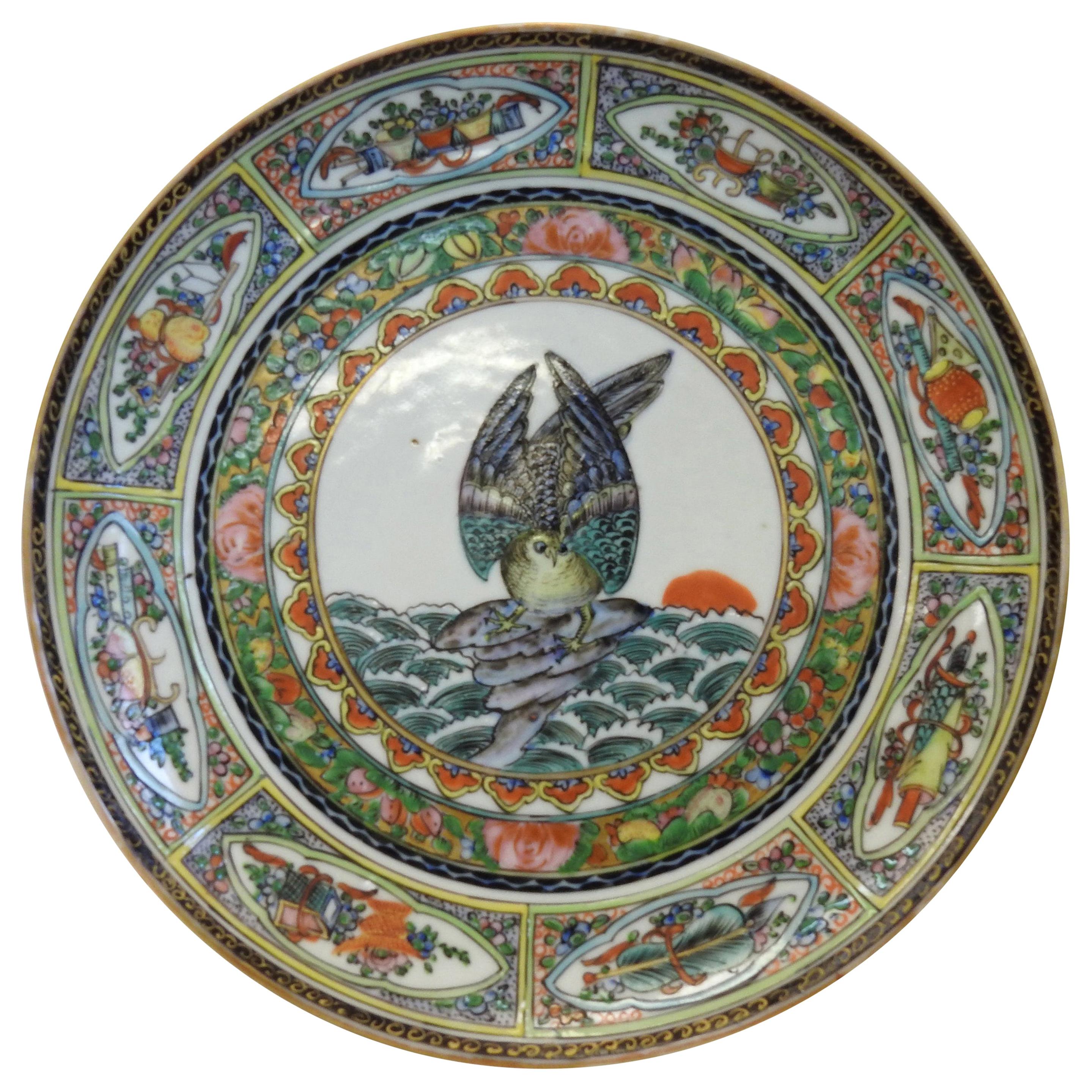Rose Medallion Porcelain Plate with Owl For Sale