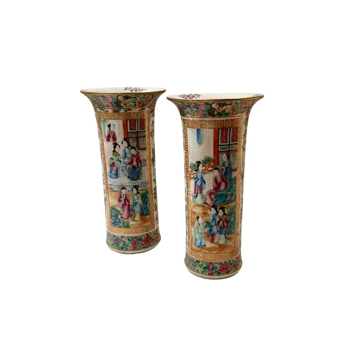 Chinese Rose Medallion Trumpet Vases For Sale