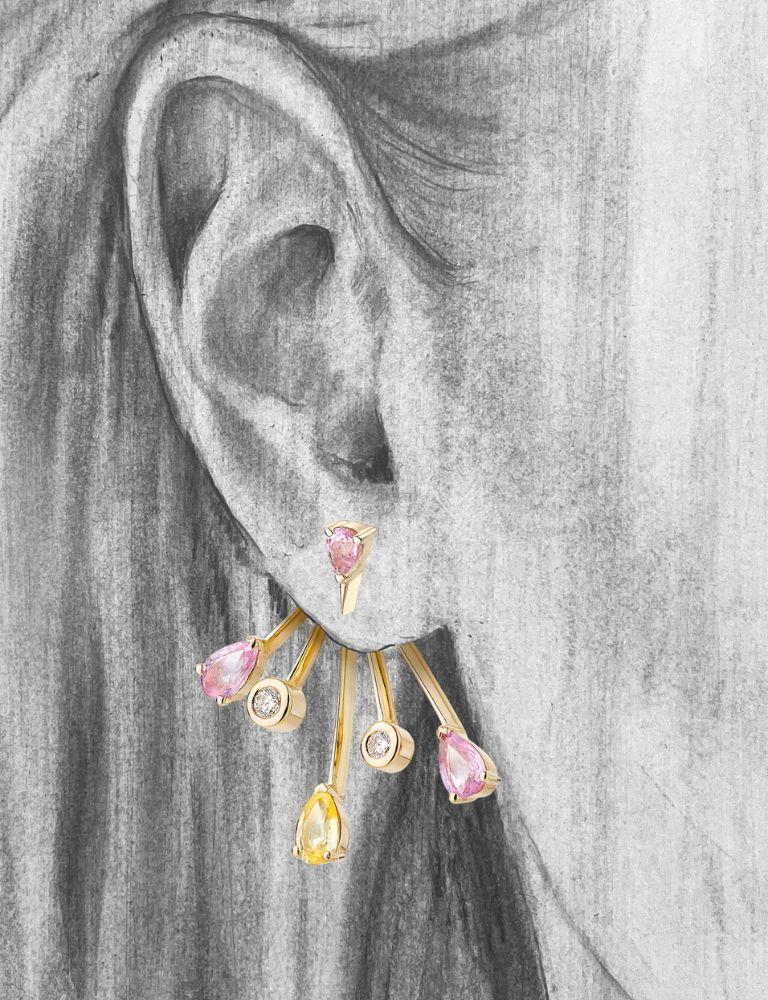 Brilliant Cut ROSE MORE TRAILBLAZER EAR JACKET & LEMON SPARK STUD–Sapphire, Diamond & 18K Gold For Sale