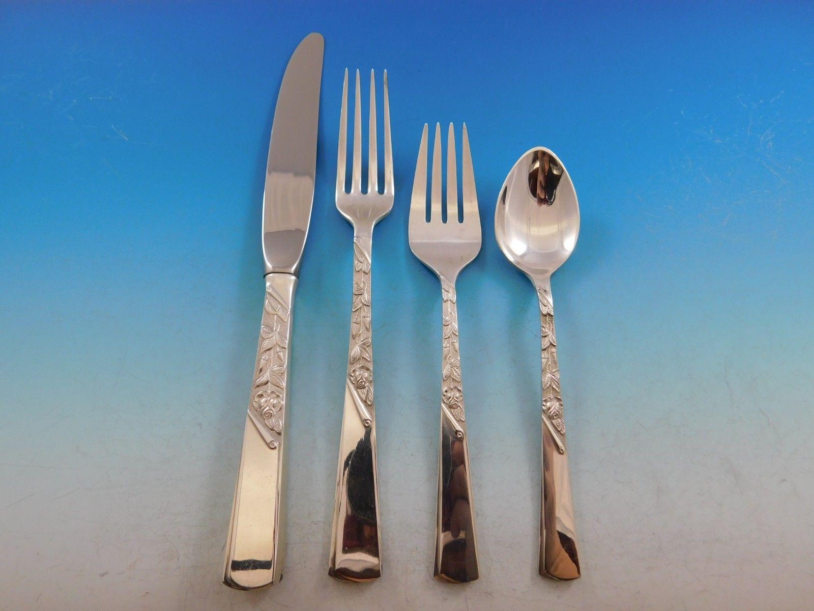 Lovely rose motif by Stieff sterling silver flatware set, 30 pieces. This set includes:

6 knives, 9