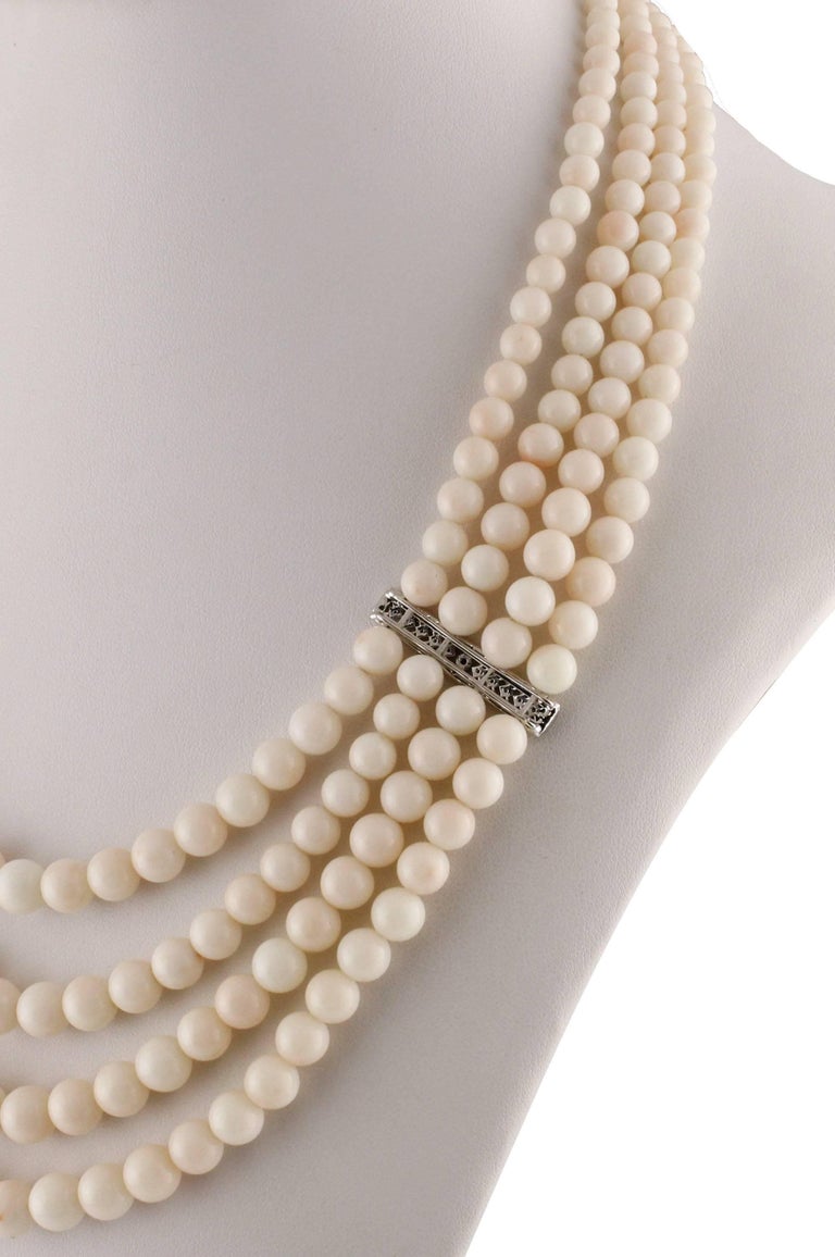 Pink Spheres Rows Coral, Diamonds, 14K White Gold Beaded/MultiStrands