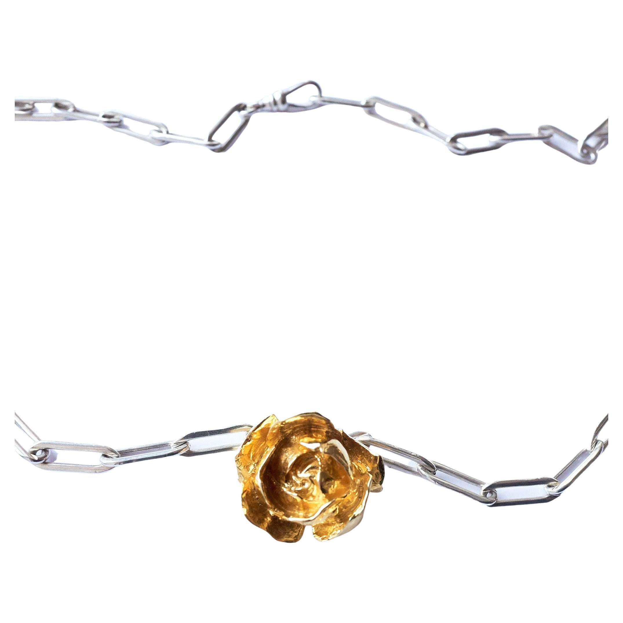 Contemporary Rose Necklace Yellow Gold Tone Silver Chain Flower Necklace J Dauphin For Sale