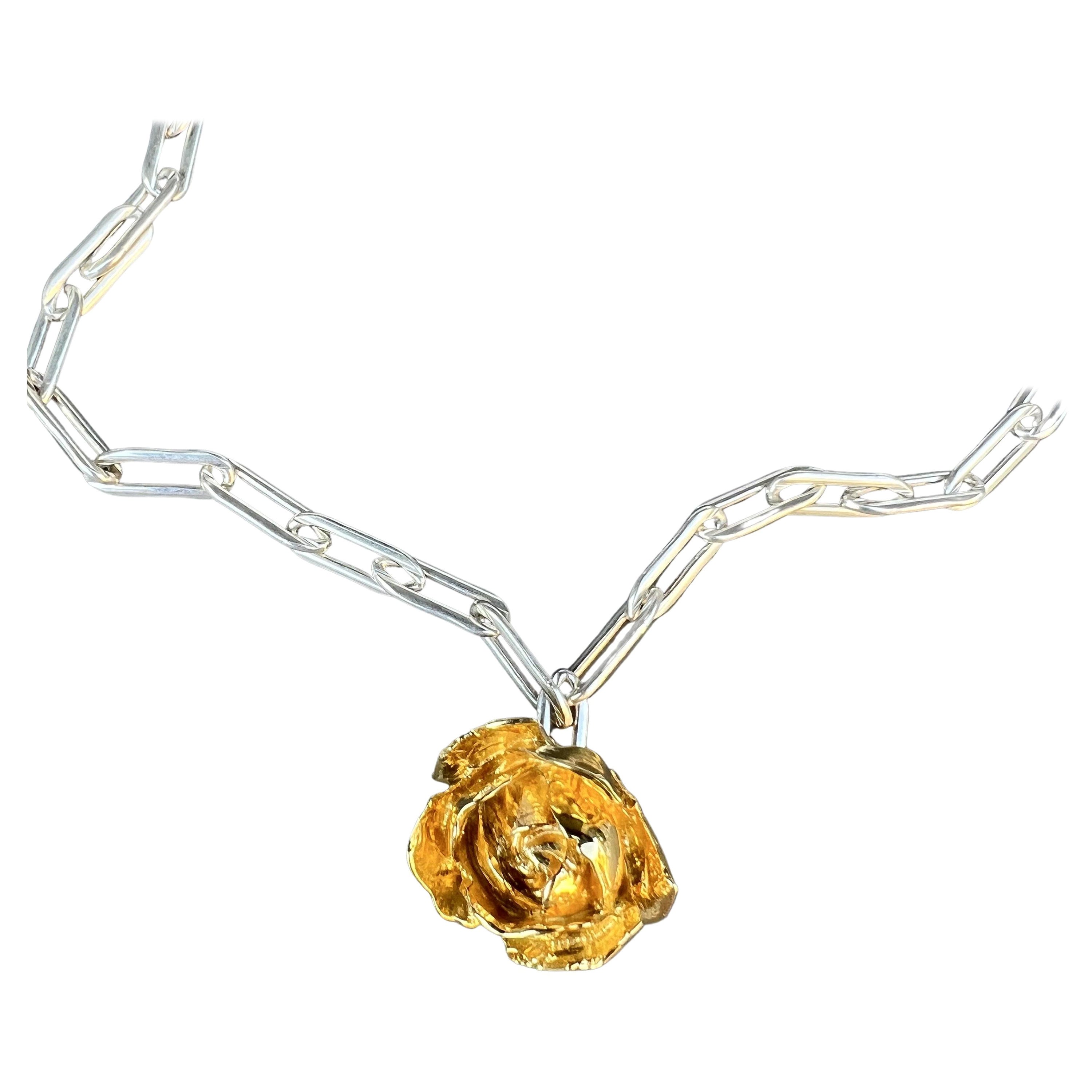 Rose Necklace Yellow Gold Tone Silver Chain Flower Necklace J Dauphin In New Condition For Sale In Los Angeles, CA