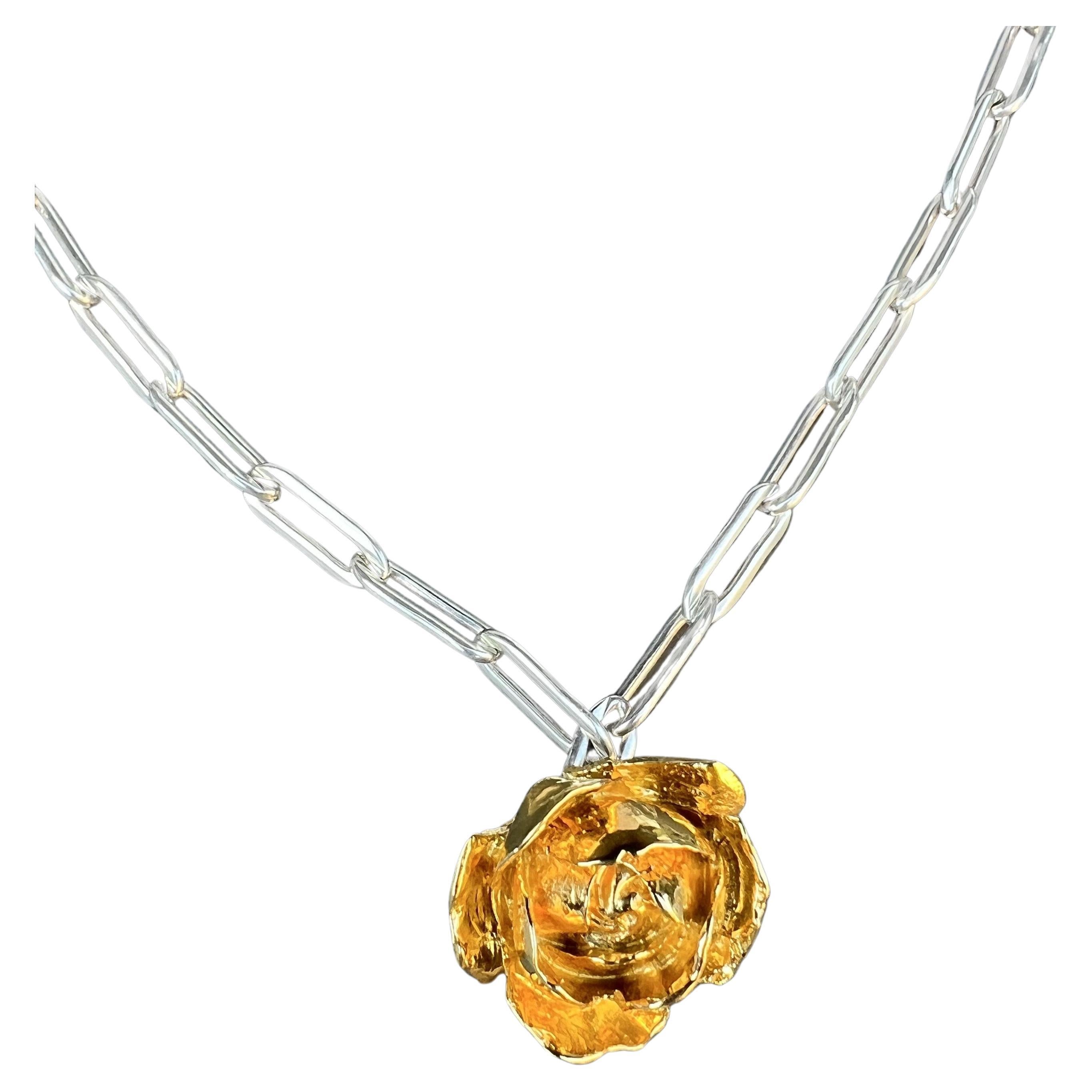 Rose Necklace Yellow Gold Tone Silver Chain Flower Necklace J Dauphin