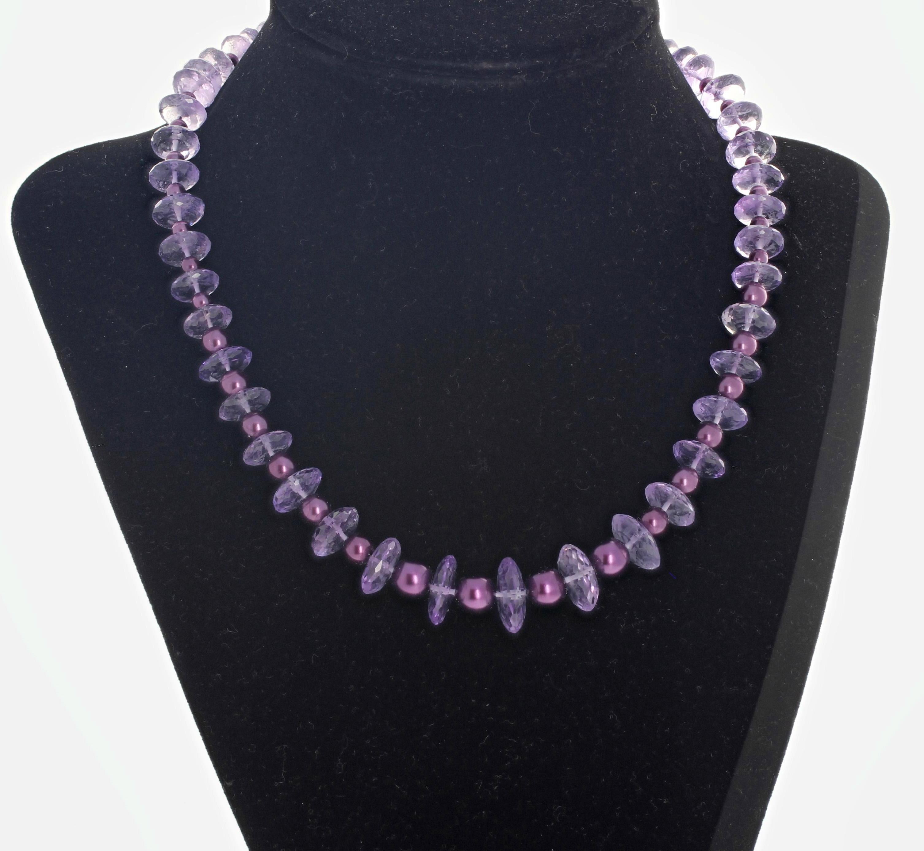 Gem cut highly polished brilliant rondels of Rose of France Amethysts enhanced with glowing glass pearls compose this lovely 16 inch long handmade dramatic necklace.  The clasp is vermeil (gold plated sterling silver) encrusted with teeny tiny
