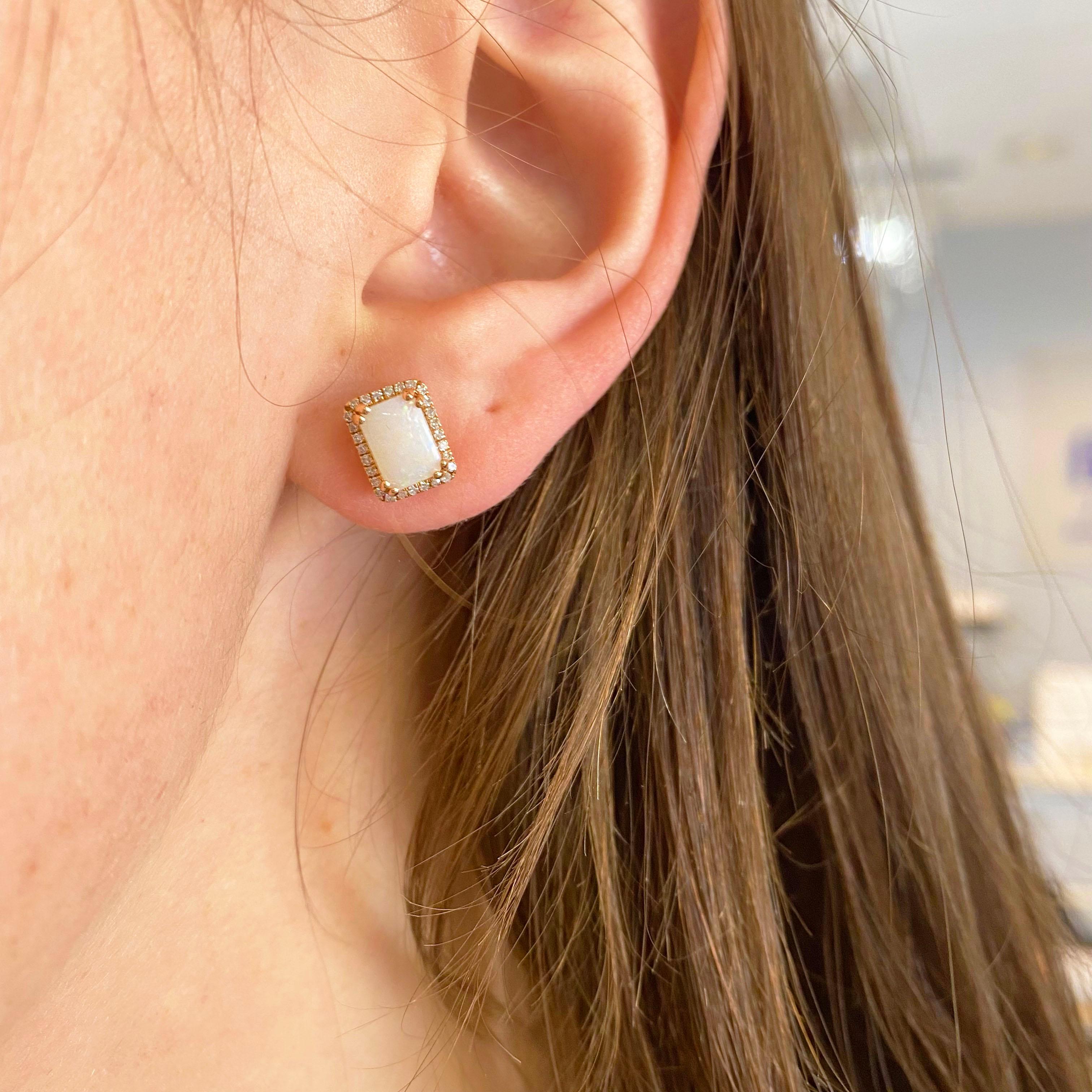 Contemporary Rose Opal Earrings with Diamond Halo in Rose Gold, Australian Opals Cushion Cut